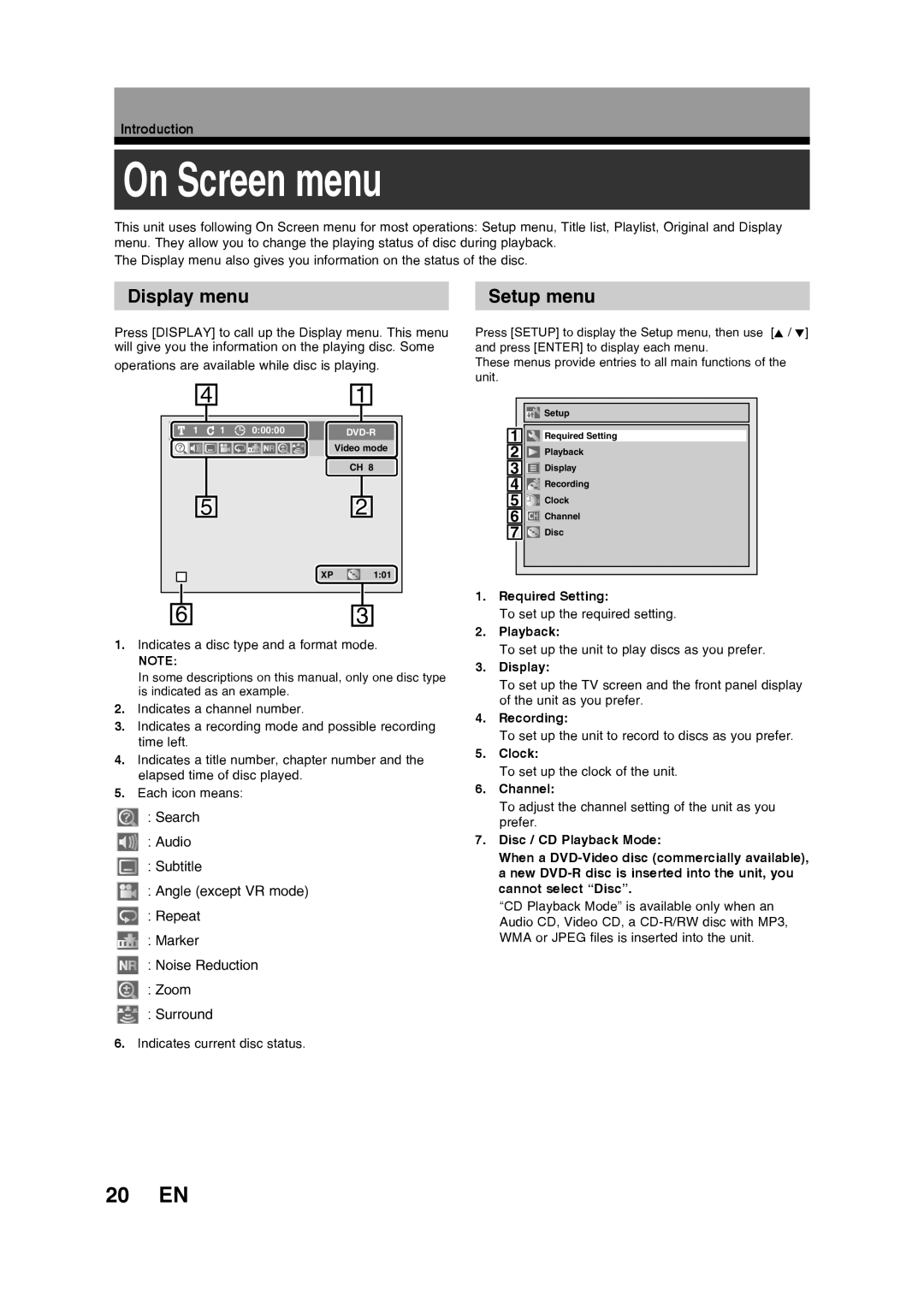 Toshiba D-RW2SU/D-RW2SC manual On Screen menu, 20 EN, Display menu, Setup menu 