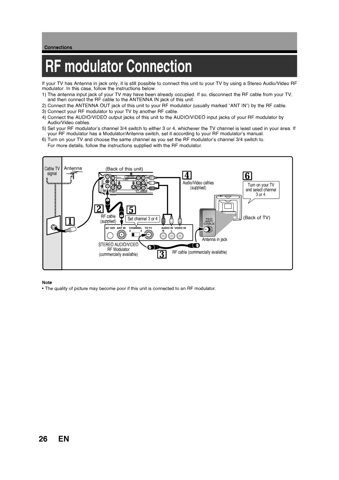 Toshiba D-RW2SU/D-RW2SC RF modulator Connection, 26 EN, Cable TV Antenna Back of this unit Signal, Audio/Video cables 