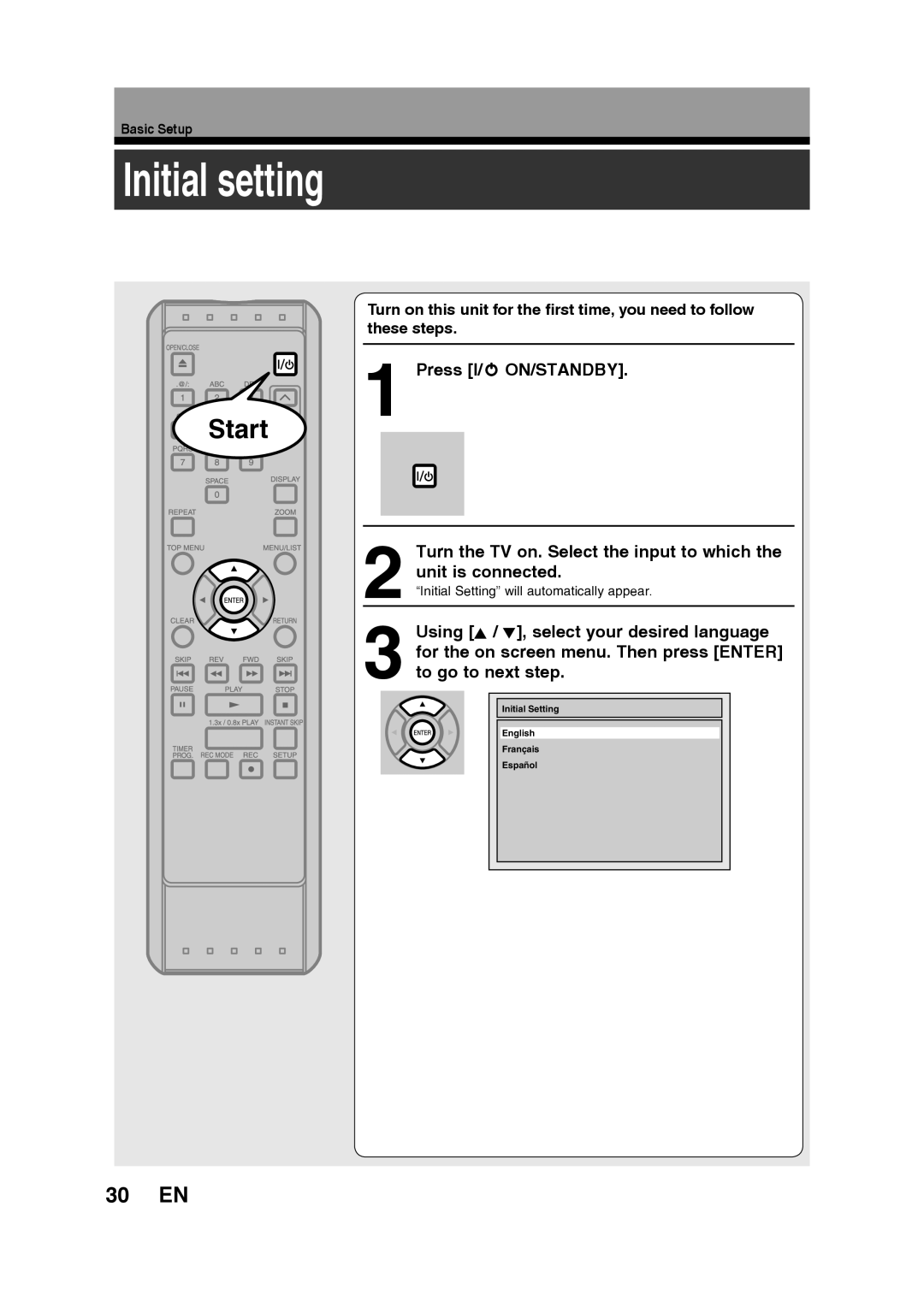 Toshiba D-RW2SU/D-RW2SC manual Initial setting, 30 EN, Press I/y ON/STANDBY, Basic Setup 