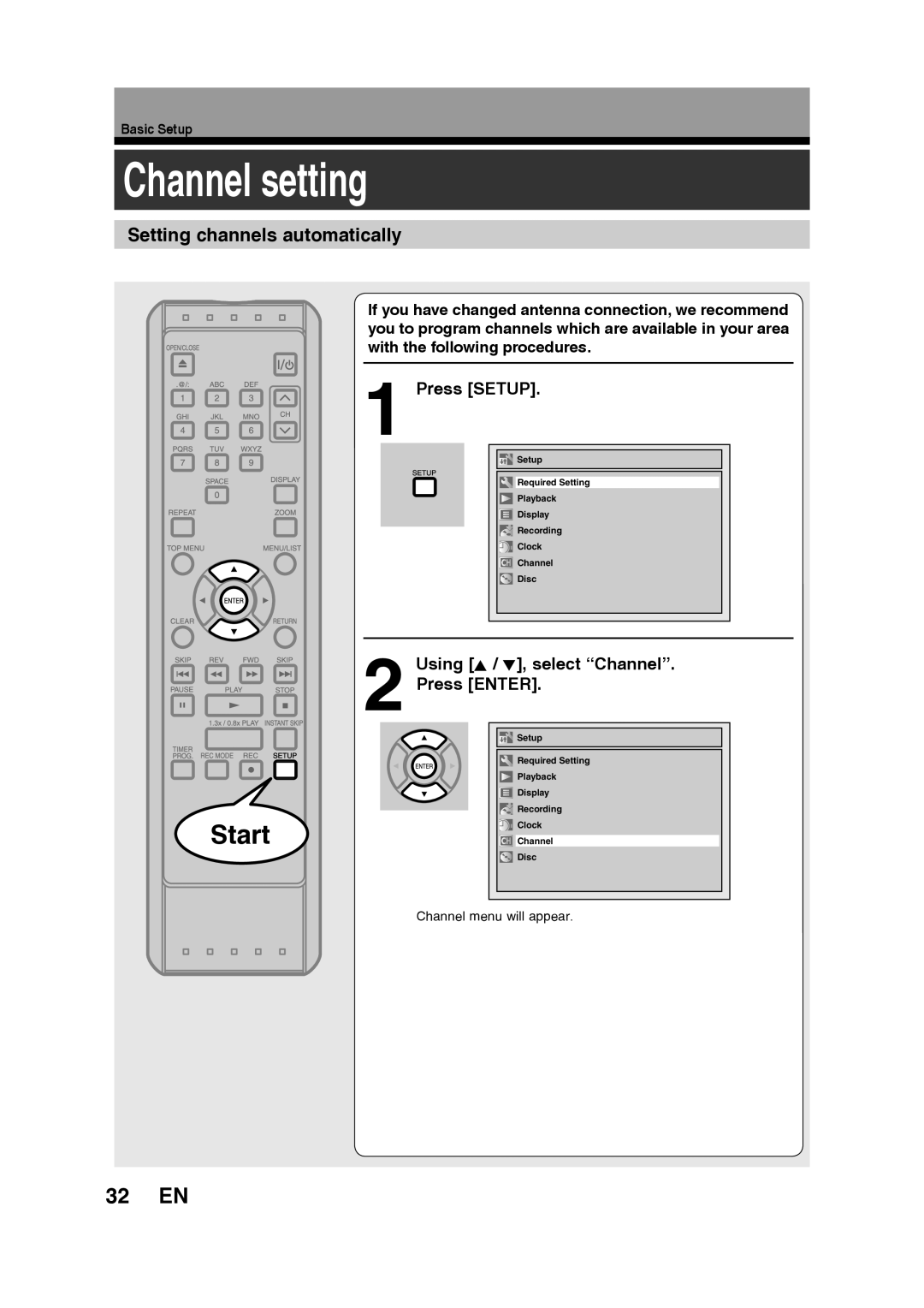 Toshiba D-RW2SU/D-RW2SC manual Channel setting, 32 EN, Setting channels automatically, Press Setup 