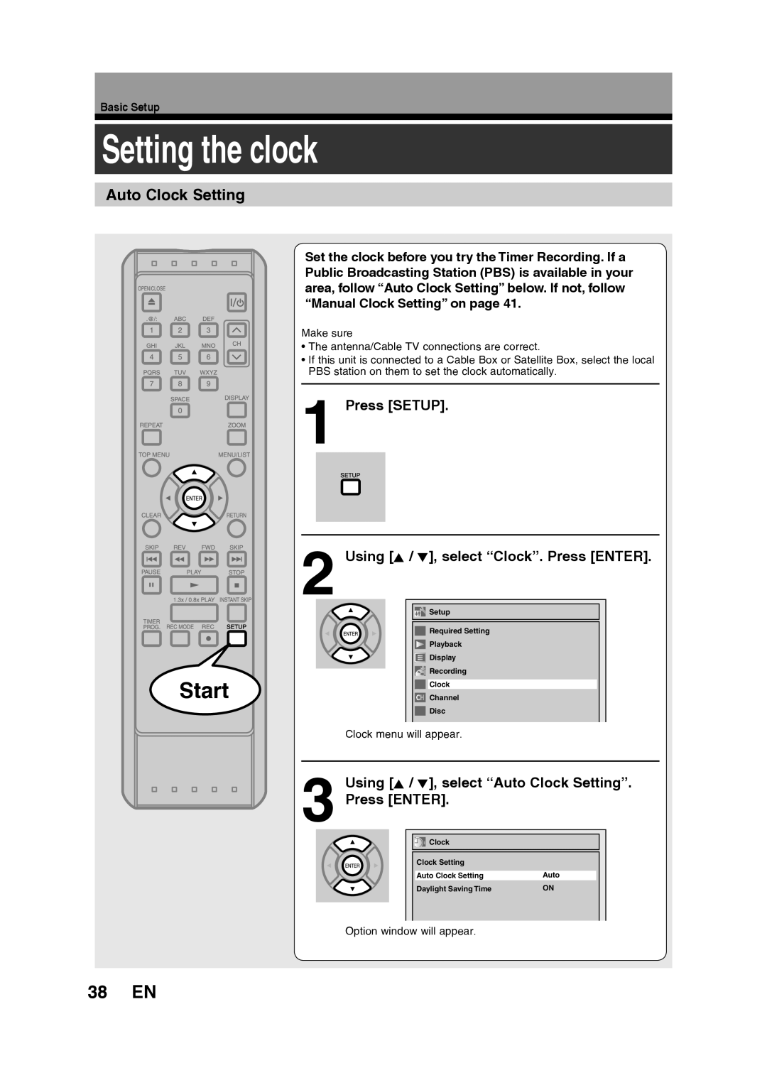 Toshiba D-RW2SU/D-RW2SC Setting the clock, 38 EN, Auto Clock Setting, Press Setup Using K / L, select Clock. Press Enter 