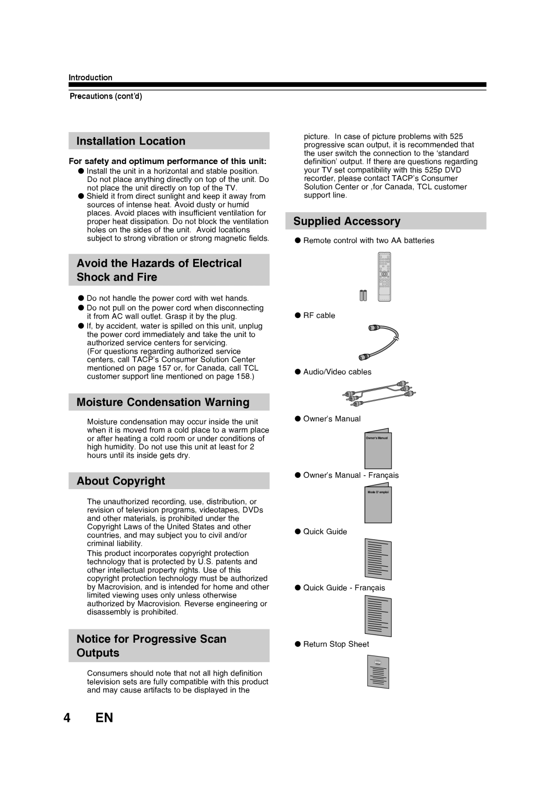 Toshiba D-RW2SU/D-RW2SC manual Installation Location, Supplied Accessory, Avoid the Hazards of Electrical Shock and Fire 