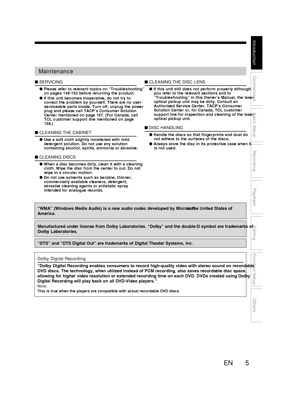 Toshiba D-RW2SU/D-RW2SC manual Maintenance, Dolby Digital Recording 