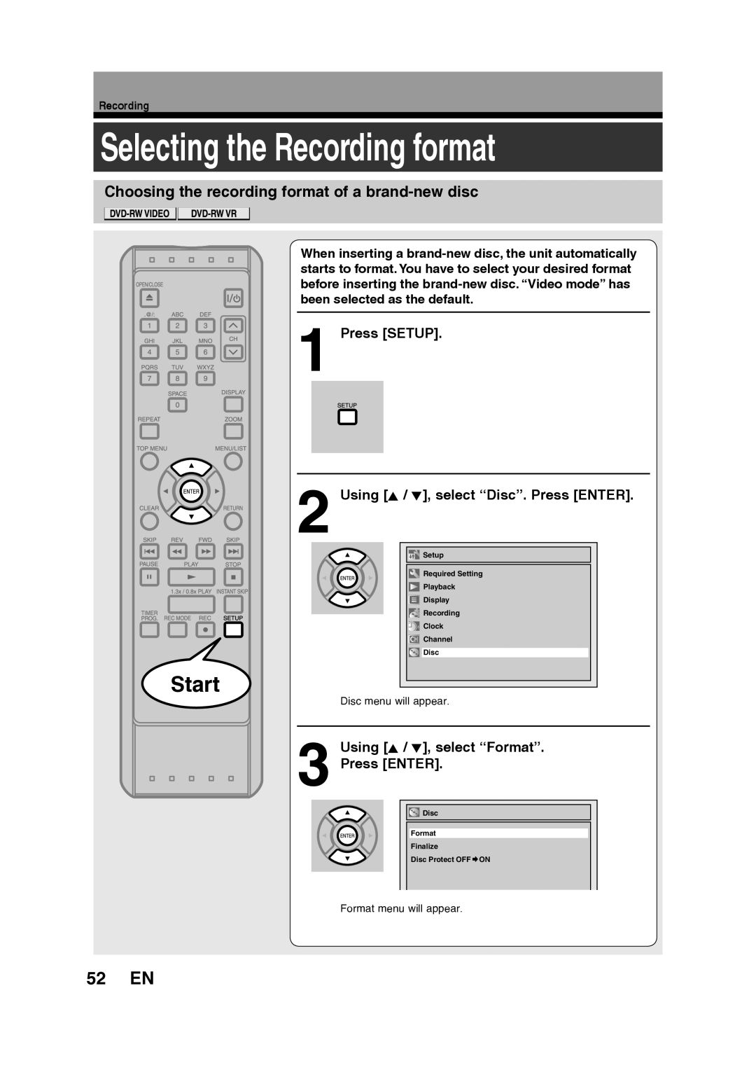 Toshiba D-RW2SU/D-RW2SC manual Selecting the Recording format, 52 EN, Choosing the recording format of a brand-new disc 