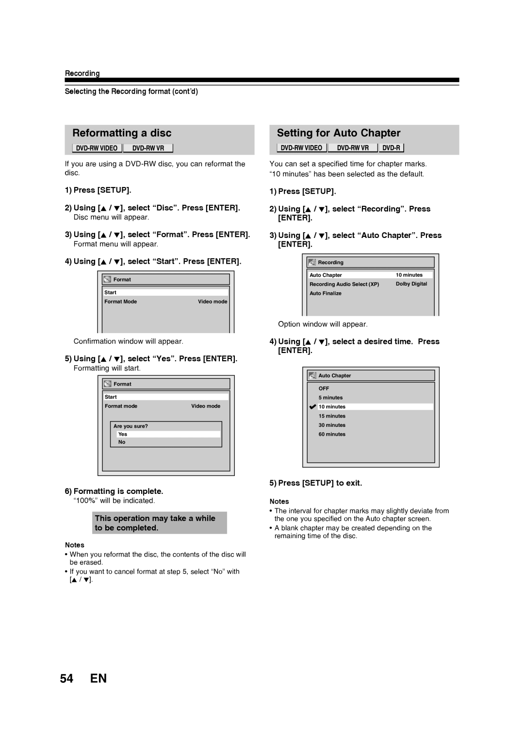 Toshiba D-RW2SU/D-RW2SC manual 54 EN, Reformatting a disc Setting for Auto Chapter 