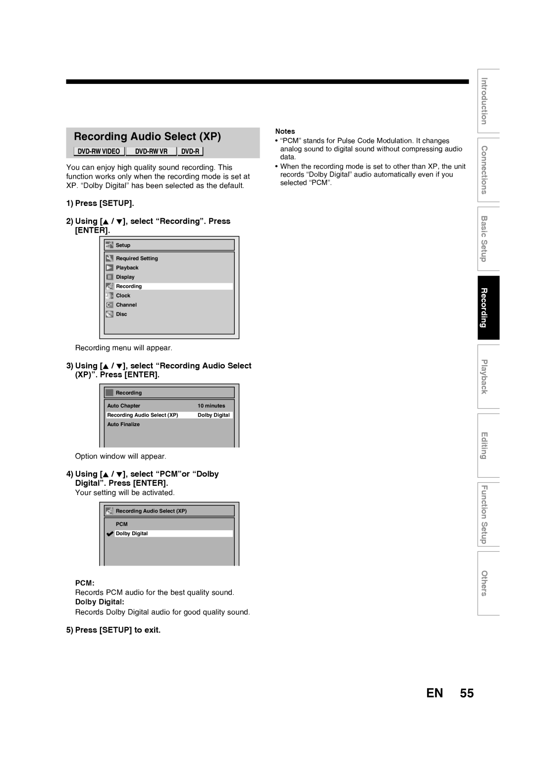 Toshiba D-RW2SU/D-RW2SC Recording Audio Select XP, Press Setup Using K / L, select Recording. Press Enter, Dolby Digital 