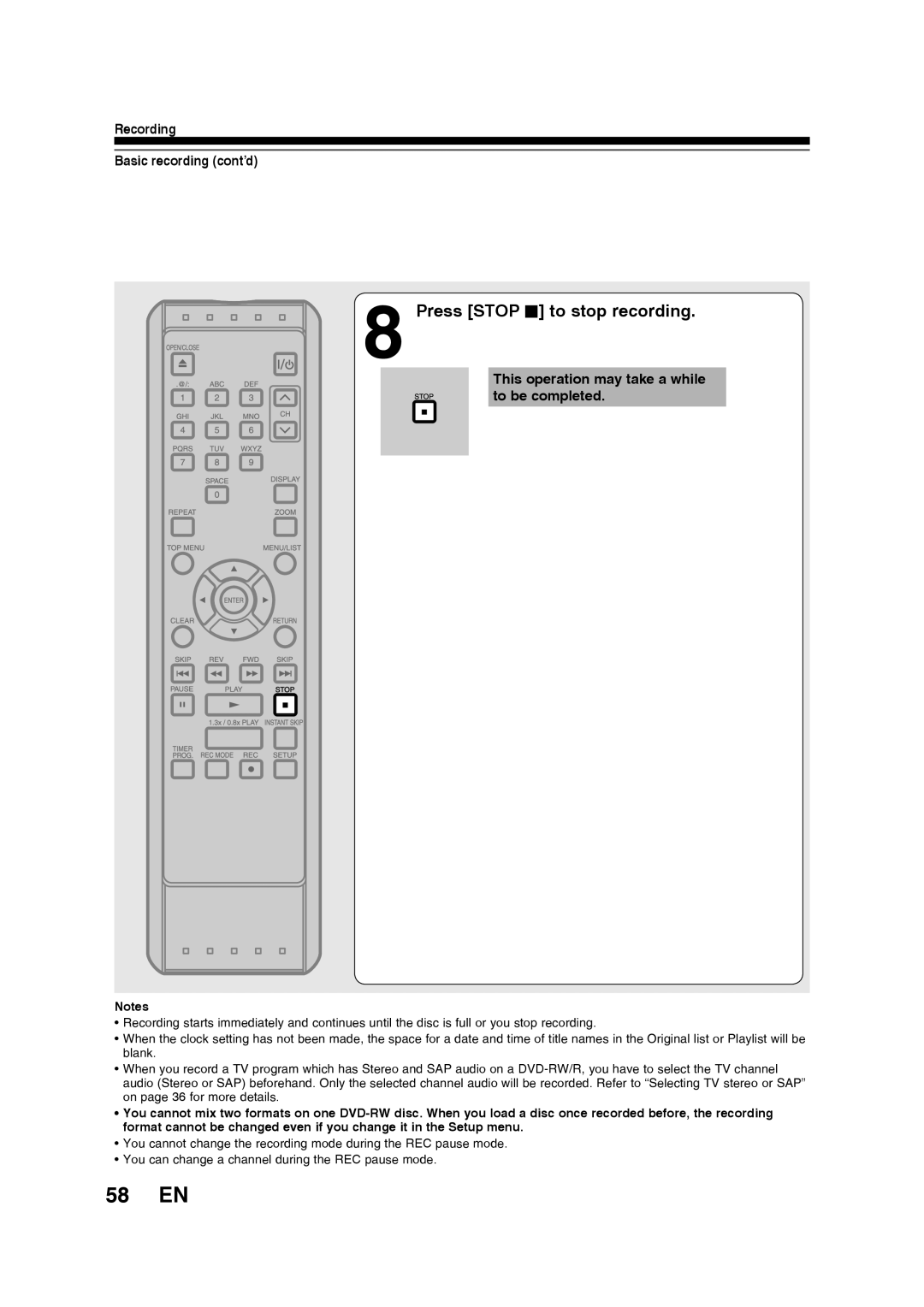 Toshiba D-RW2SU/D-RW2SC manual 58 EN, Press Stop C to stop recording, Recording Basic recording cont’d 