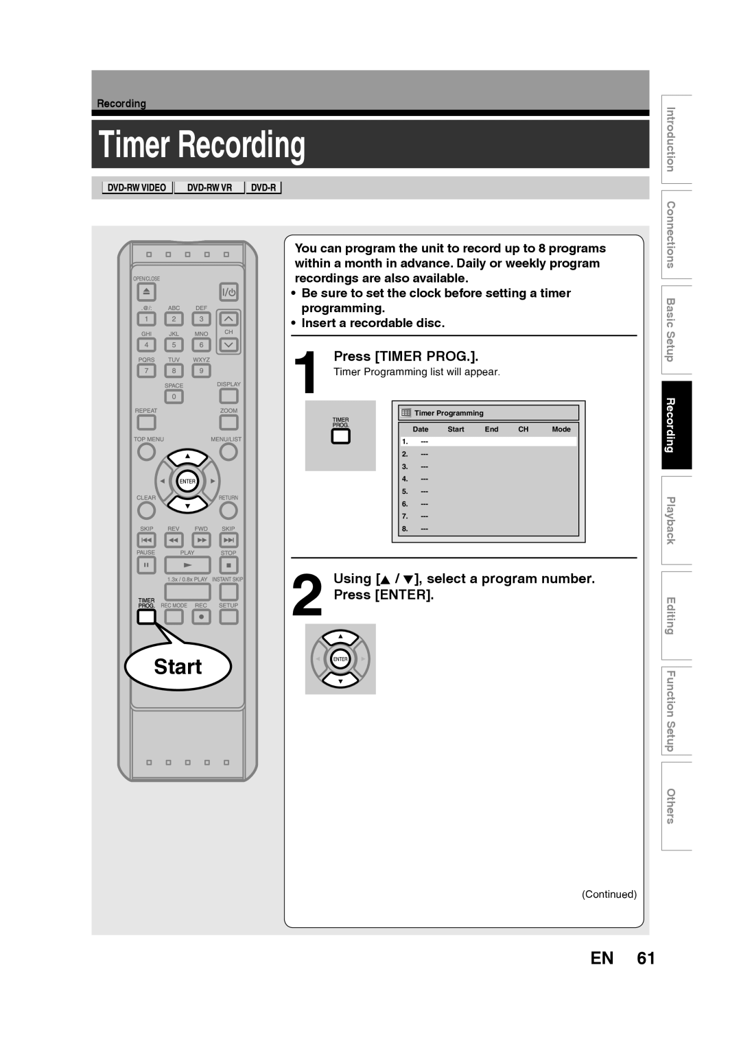 Toshiba D-RW2SU/D-RW2SC manual Timer Recording, Press Timer Prog, Using K / L, select a program number Press Enter 