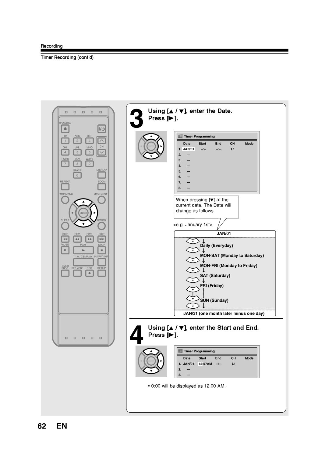 Toshiba D-RW2SU/D-RW2SC manual 62 EN, Using K / L, enter the Date. Press B, Using K / L, enter the Start and End. Press B 