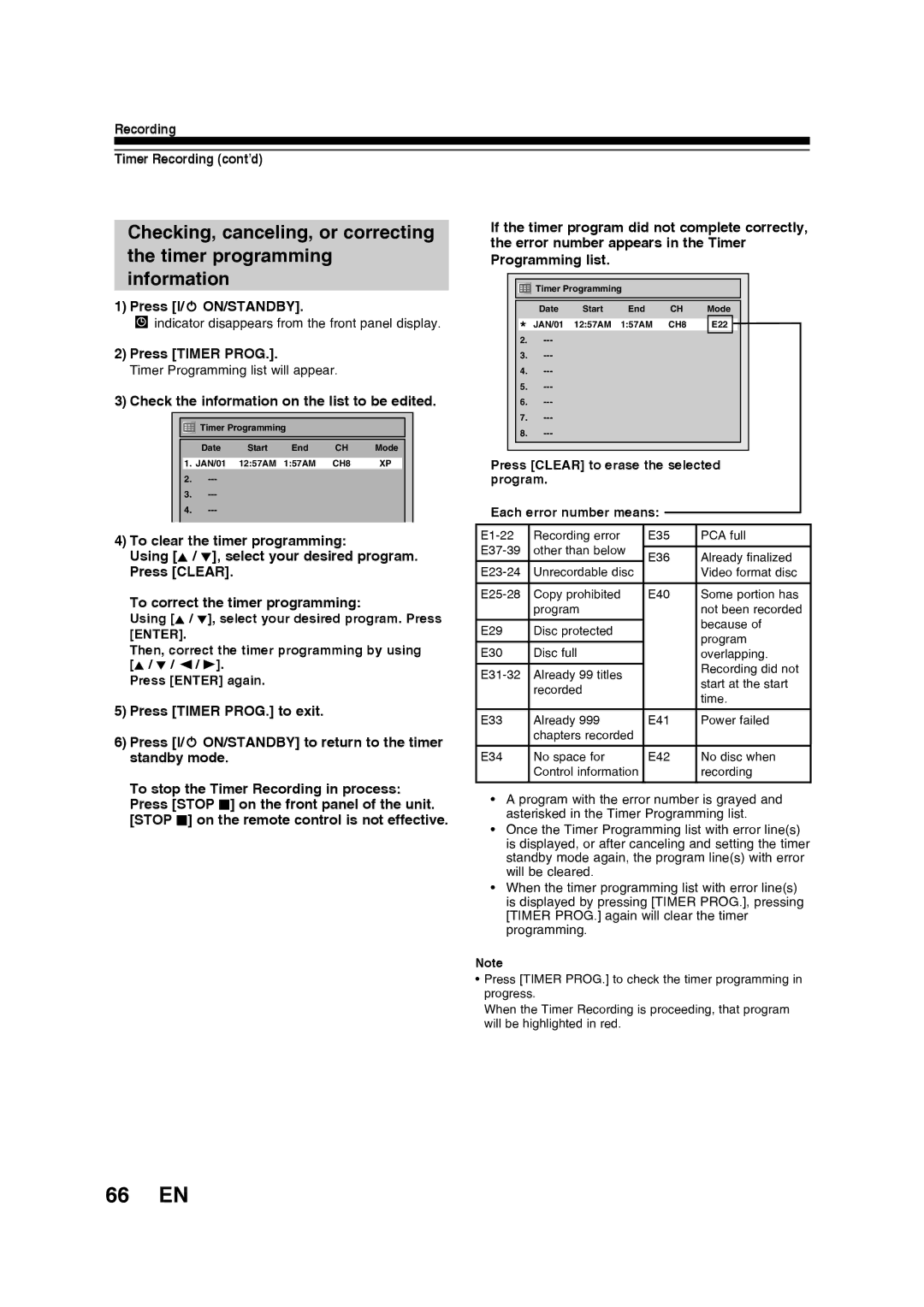 Toshiba D-RW2SU/D-RW2SC manual 66 EN, Checking, canceling, or correcting, Timer programming 