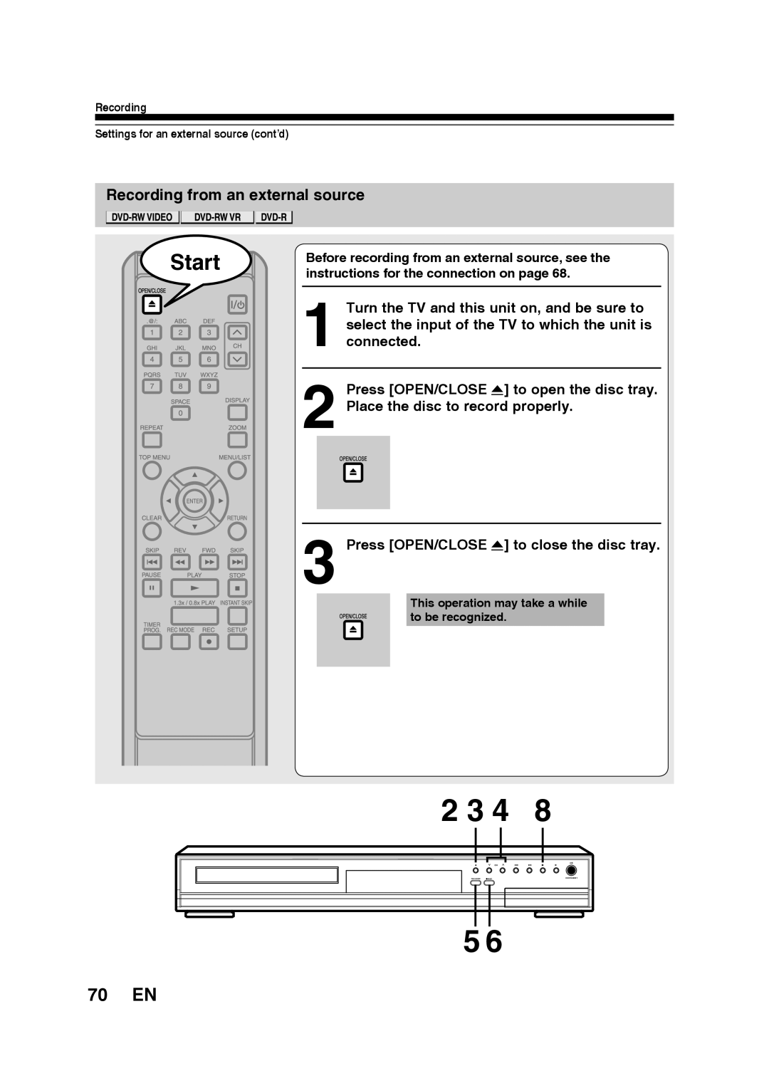 Toshiba D-RW2SU/D-RW2SC manual 70 EN, Recording from an external source, Recording Settings for an external source cont’d 