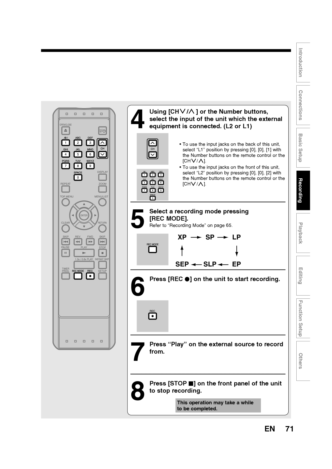 Toshiba D-RW2SU/D-RW2SC manual Sep Slp Ep, Select a recording mode pressing REC Mode 