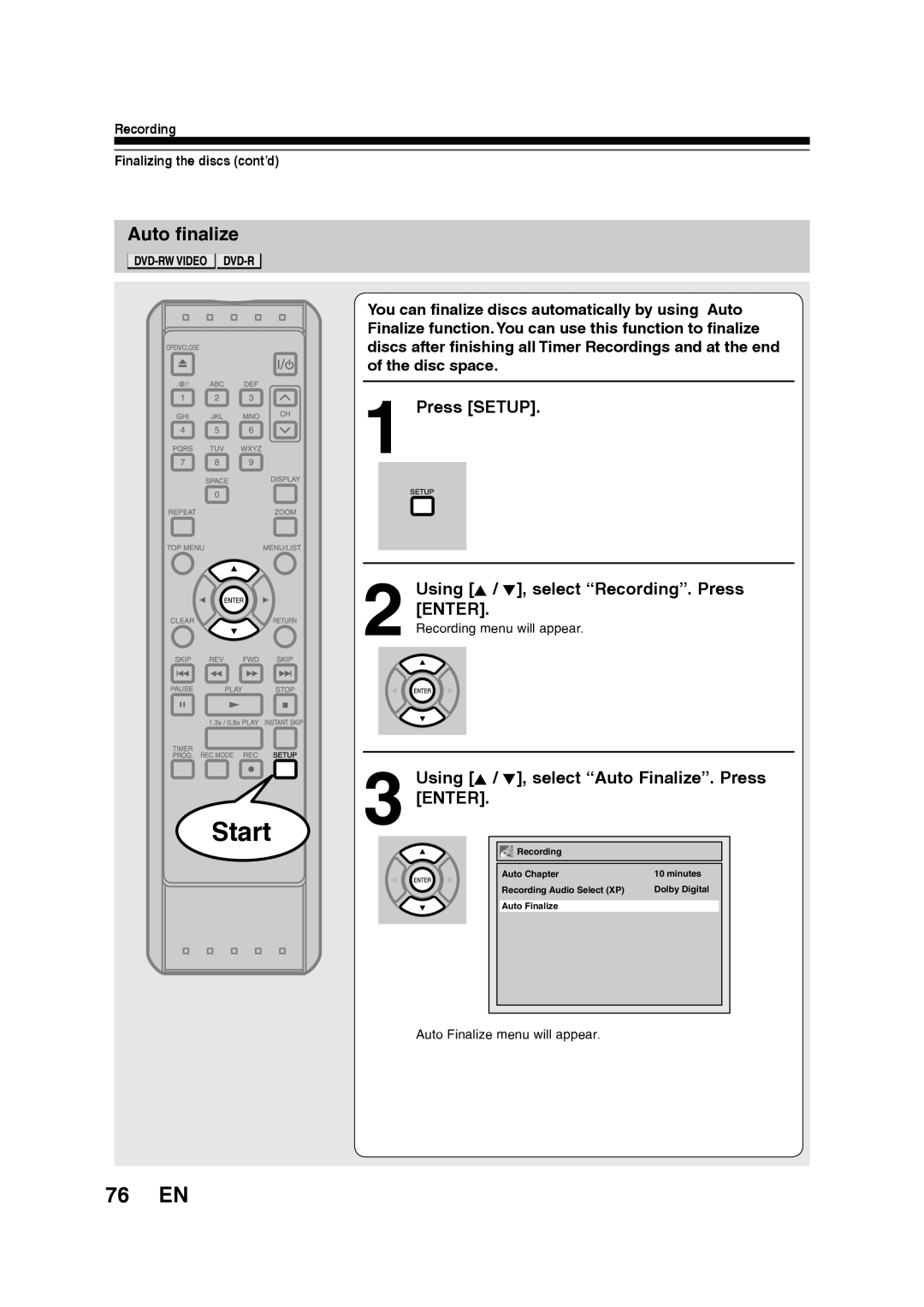 Toshiba D-RW2SU/D-RW2SC manual 76 EN, Auto finalize, Press Setup Using K / L, select Recording. Press Enter 