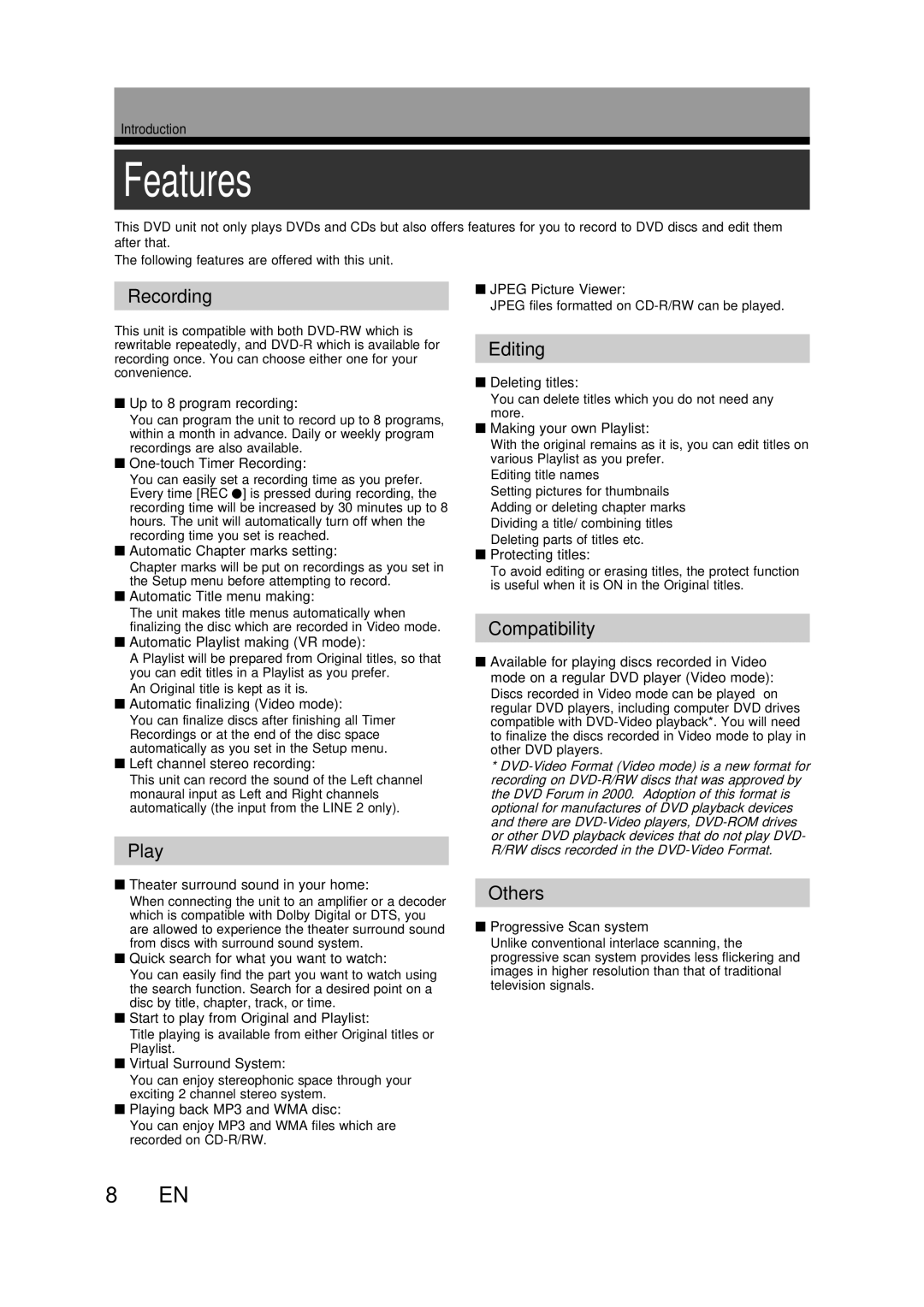 Toshiba D-RW2SU/D-RW2SC manual Features, Play, Compatibility 