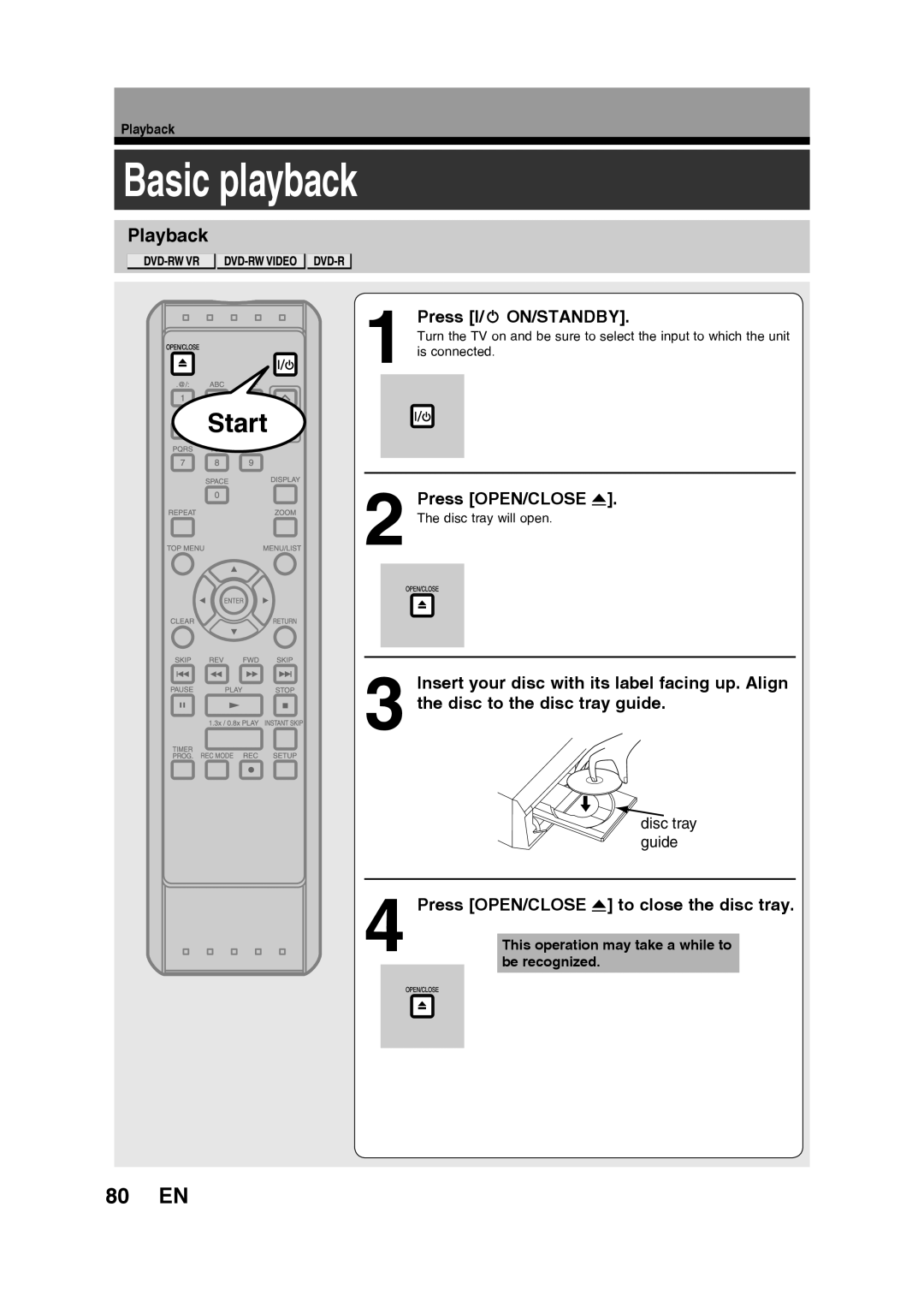 Toshiba D-RW2SU/D-RW2SC manual Basic playback, 80 EN, Playback 