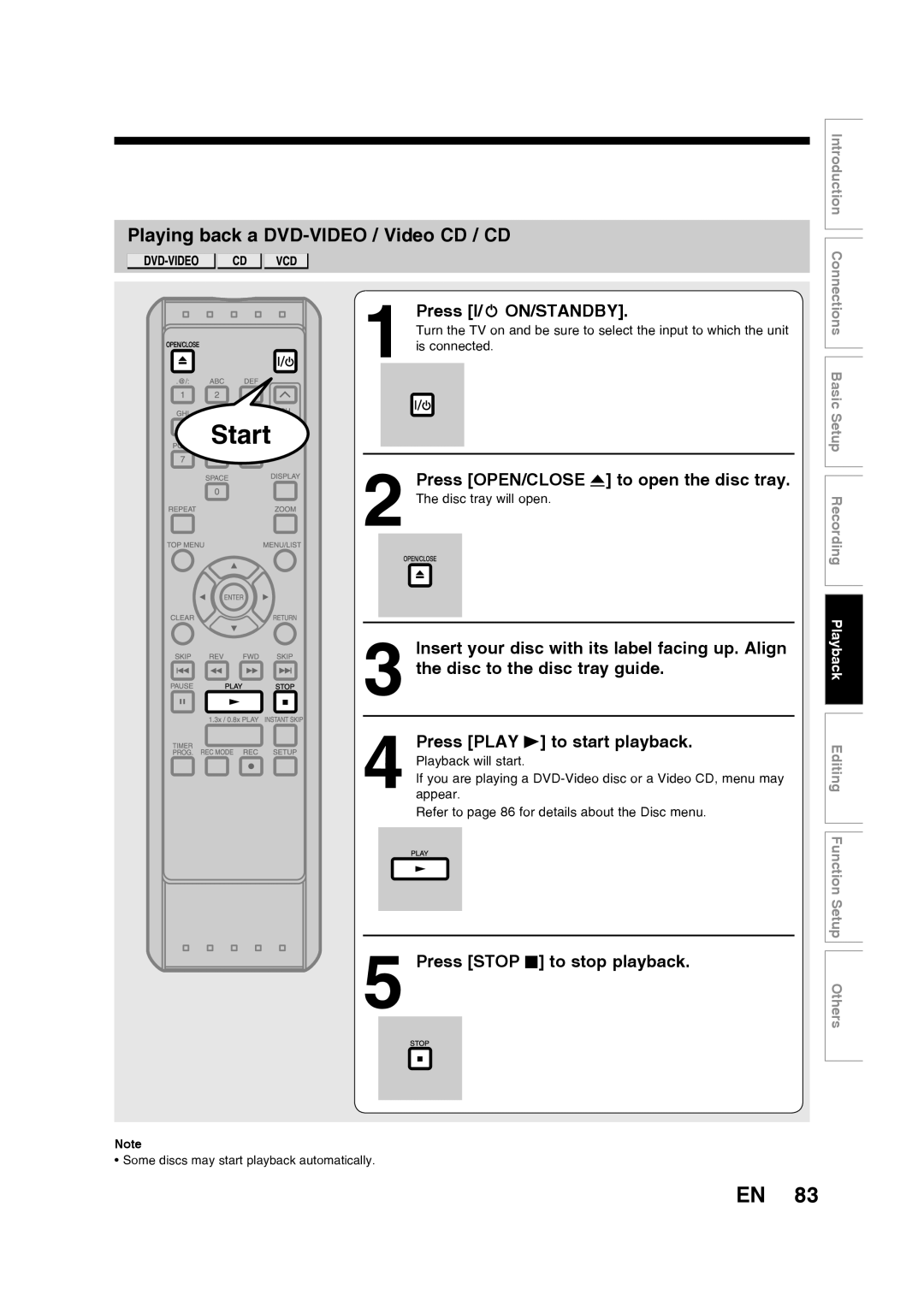 Toshiba D-RW2SU/D-RW2SC manual Playing back a DVD-VIDEO / Video CD / CD, Press I/y ON/STANDBY 