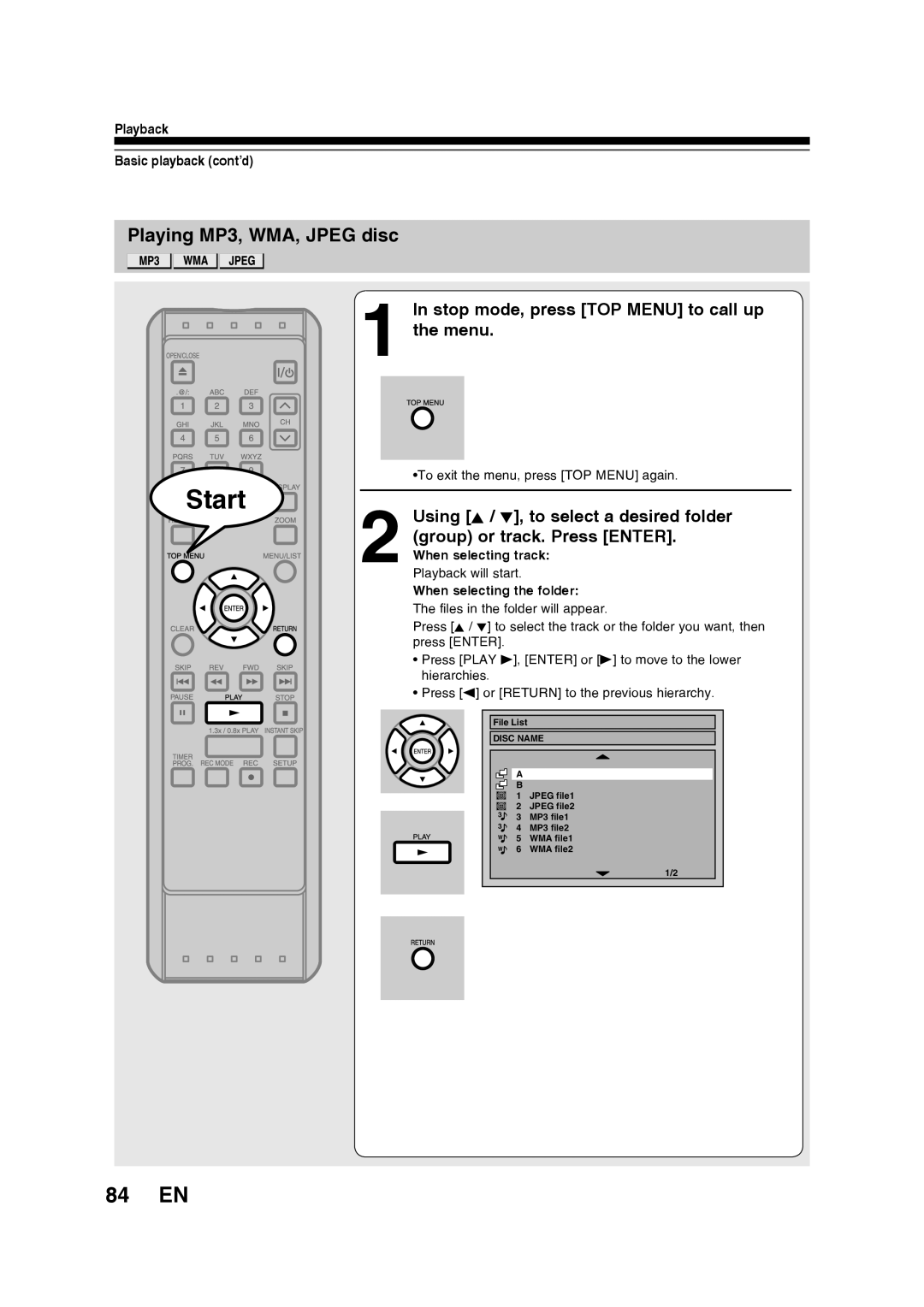 Toshiba D-RW2SU/D-RW2SC manual 84 EN, Playing MP3, WMA, Jpeg disc, Stop mode, press TOP Menu to call up the menu 