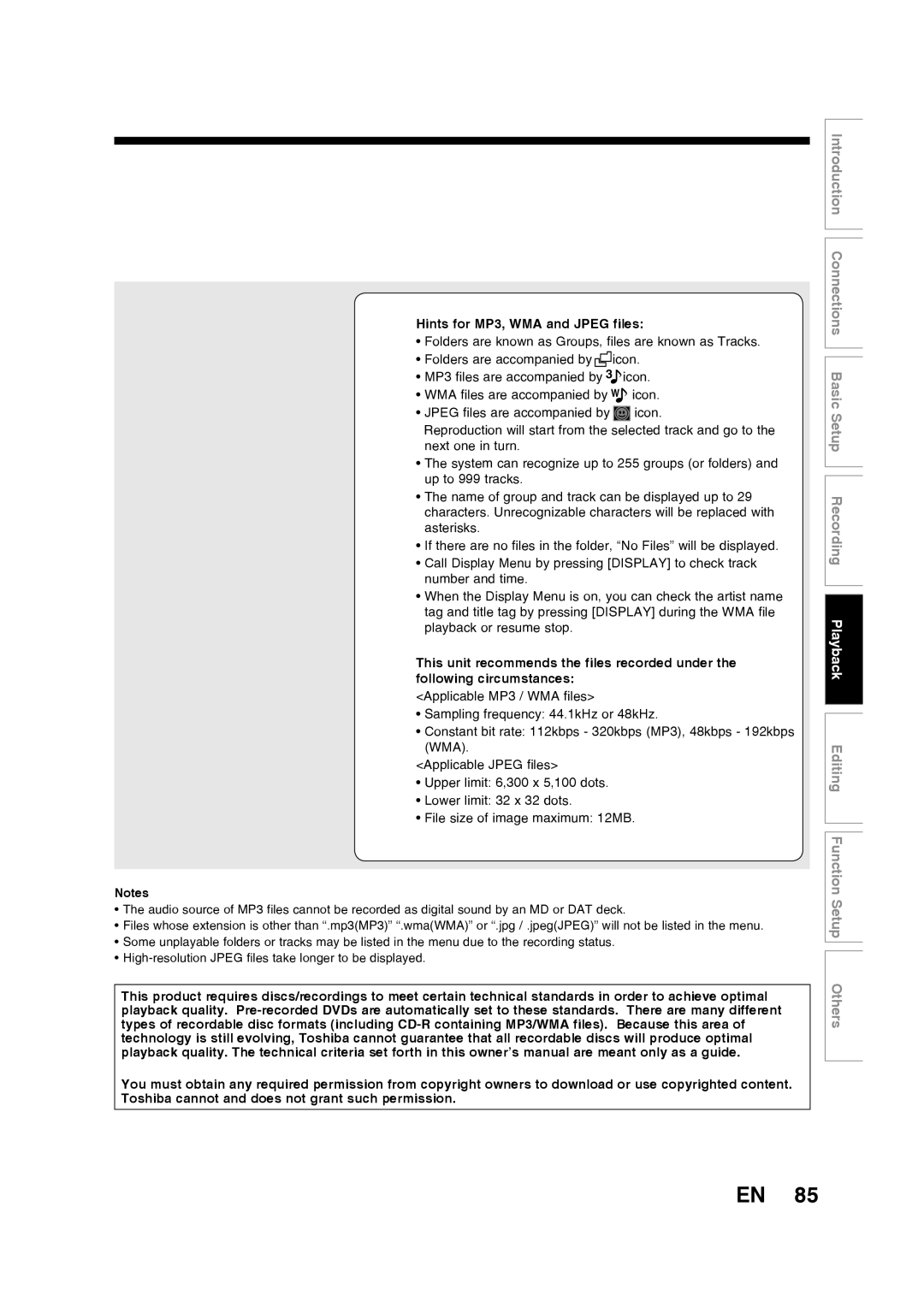 Toshiba D-RW2SU/D-RW2SC manual Hints for MP3, WMA and Jpeg files 