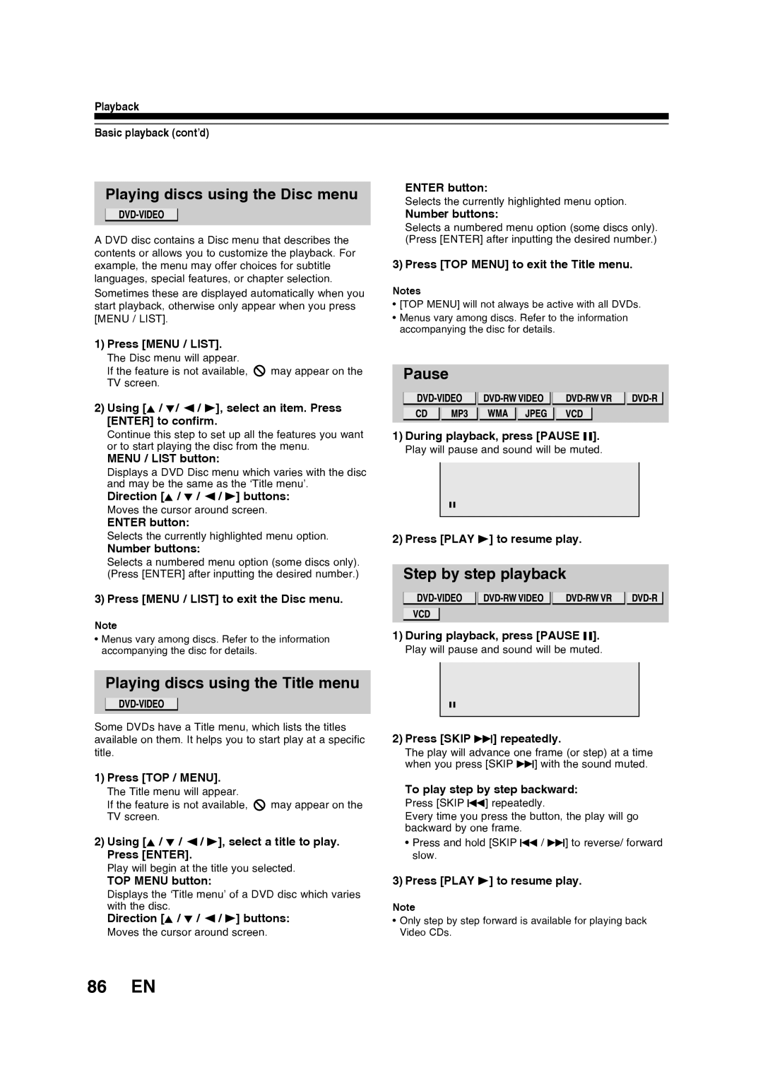 Toshiba D-RW2SU/D-RW2SC manual 86 EN, Playing discs using the Disc menu, Playing discs using the Title menu, Pause 