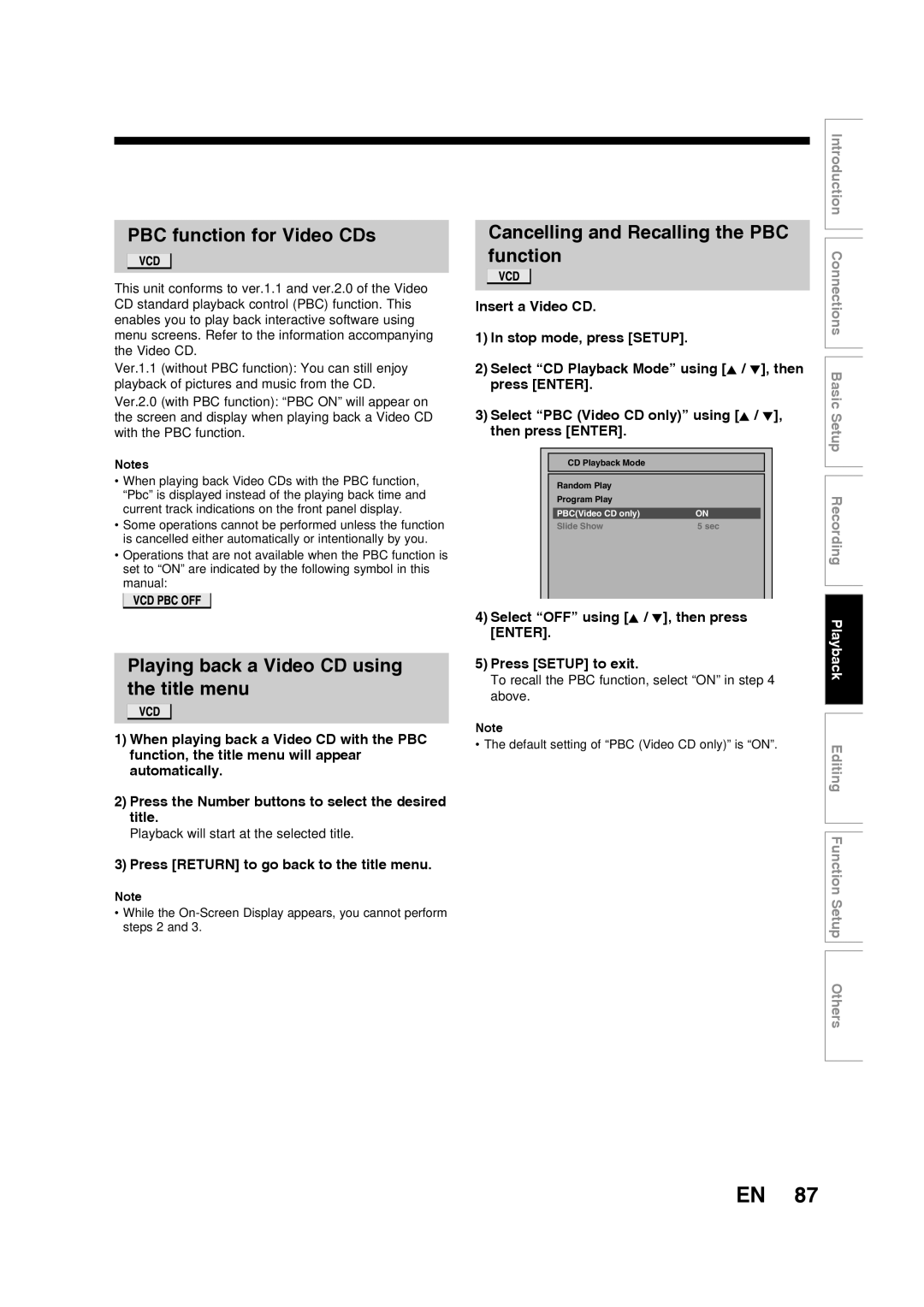 Toshiba D-RW2SU/D-RW2SC manual PBC function for Video CDs, Playing back a Video CD using the title menu 