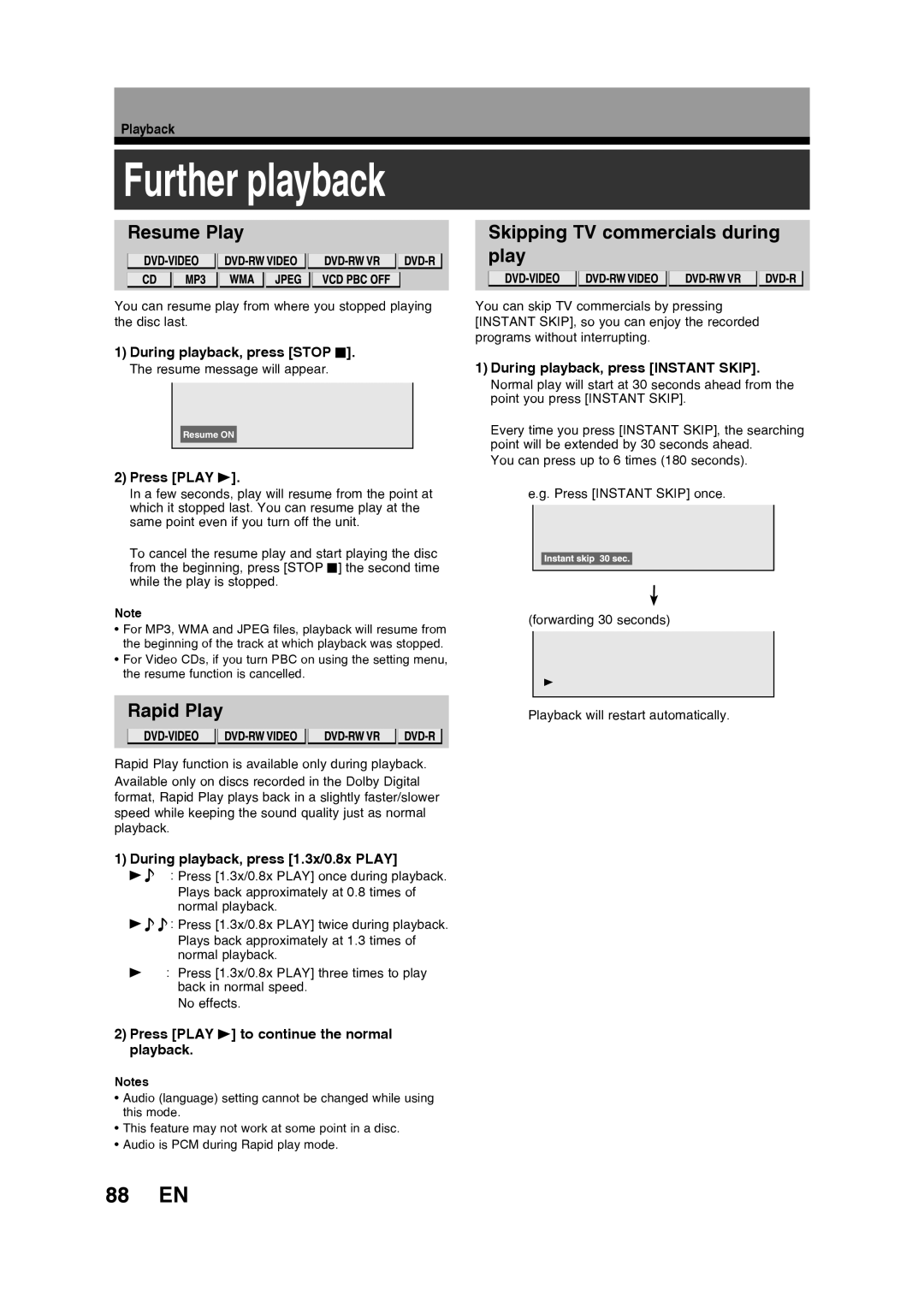 Toshiba D-RW2SU/D-RW2SC manual 88 EN, Resume Play, Rapid Play, Skipping TV commercials during play 