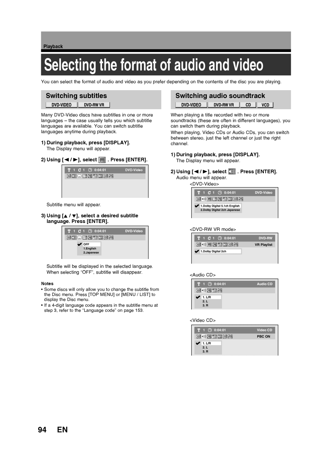 Toshiba D-RW2SU/D-RW2SC manual 94 EN, Switching subtitles Switching audio soundtrack, Using / B, select Press Enter 