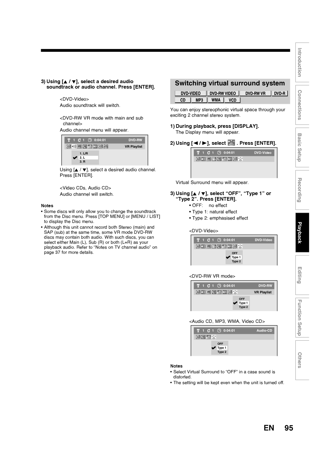 Toshiba D-RW2SU/D-RW2SC manual Switching virtual surround system, Using K / L, select OFF, Type 1 or Type 2. Press Enter 