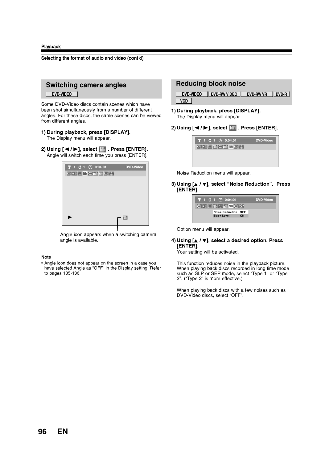 Toshiba D-RW2SU/D-RW2SC manual 96 EN, Switching camera angles, Reducing block noise 