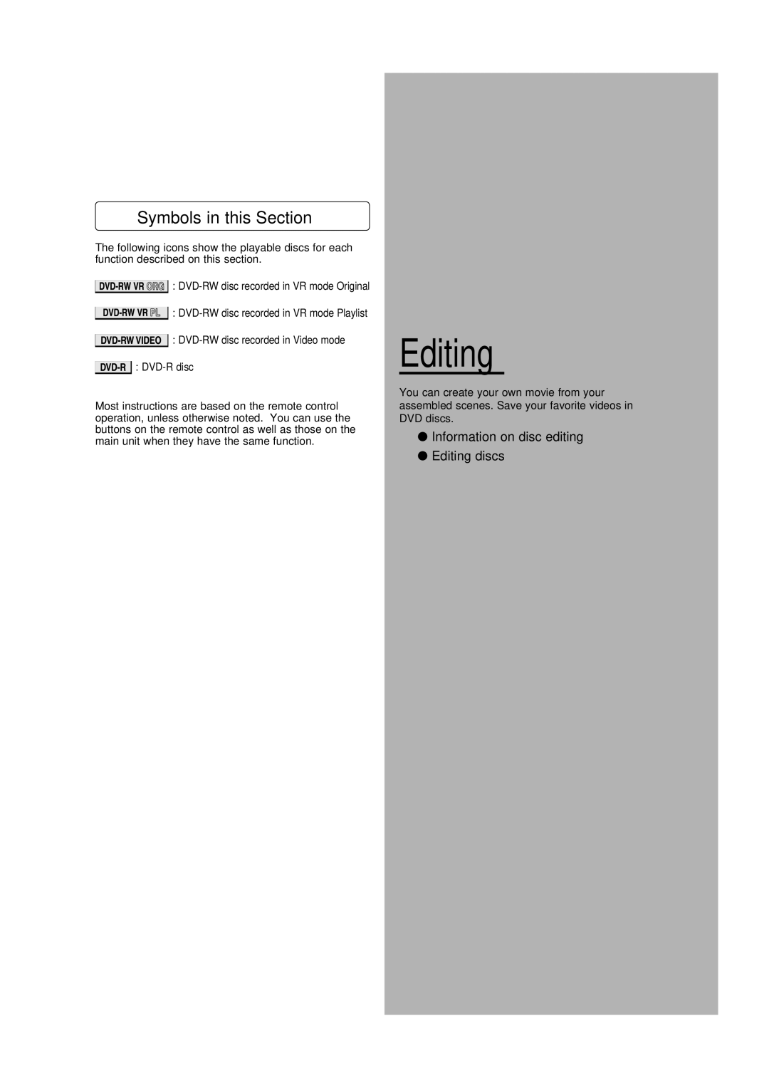 Toshiba D-RW2SU/D-RW2SC manual Editing 