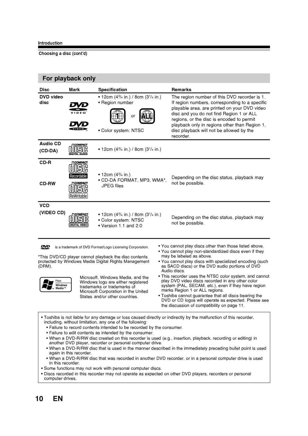 Toshiba D-RW2SU/D-RW2SC 10 EN, For playback only, Introduction Choosing a disc cont’d, DVD video, Audio CD, Cd-Da, Cd-R 