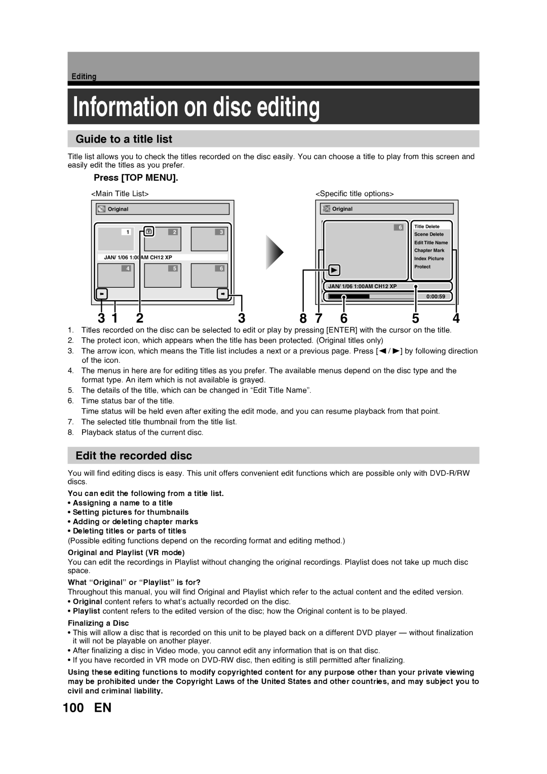 Toshiba D-RW2SU/D-RW2SC Information on disc editing, 100 EN, Guide to a title list, Edit the recorded disc, Press TOP MENU 