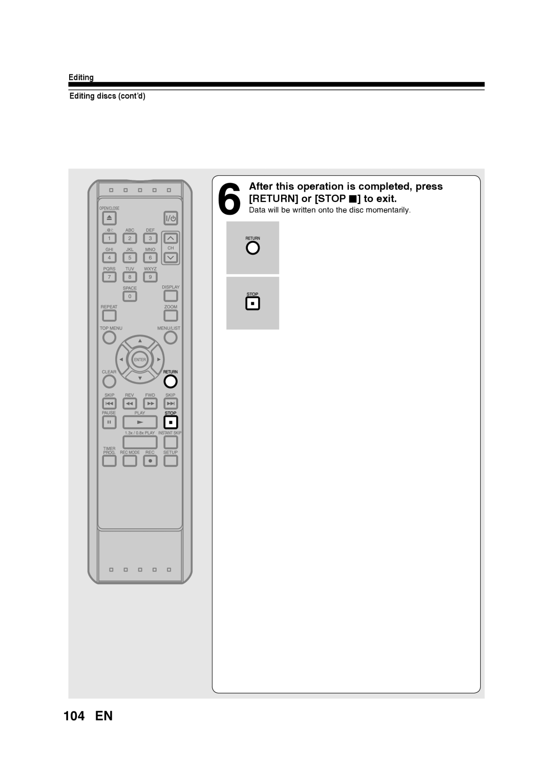Toshiba D-RW2SU/D-RW2SC manual 104 EN, After this operation is completed, press RETURN or STOP C to exit 