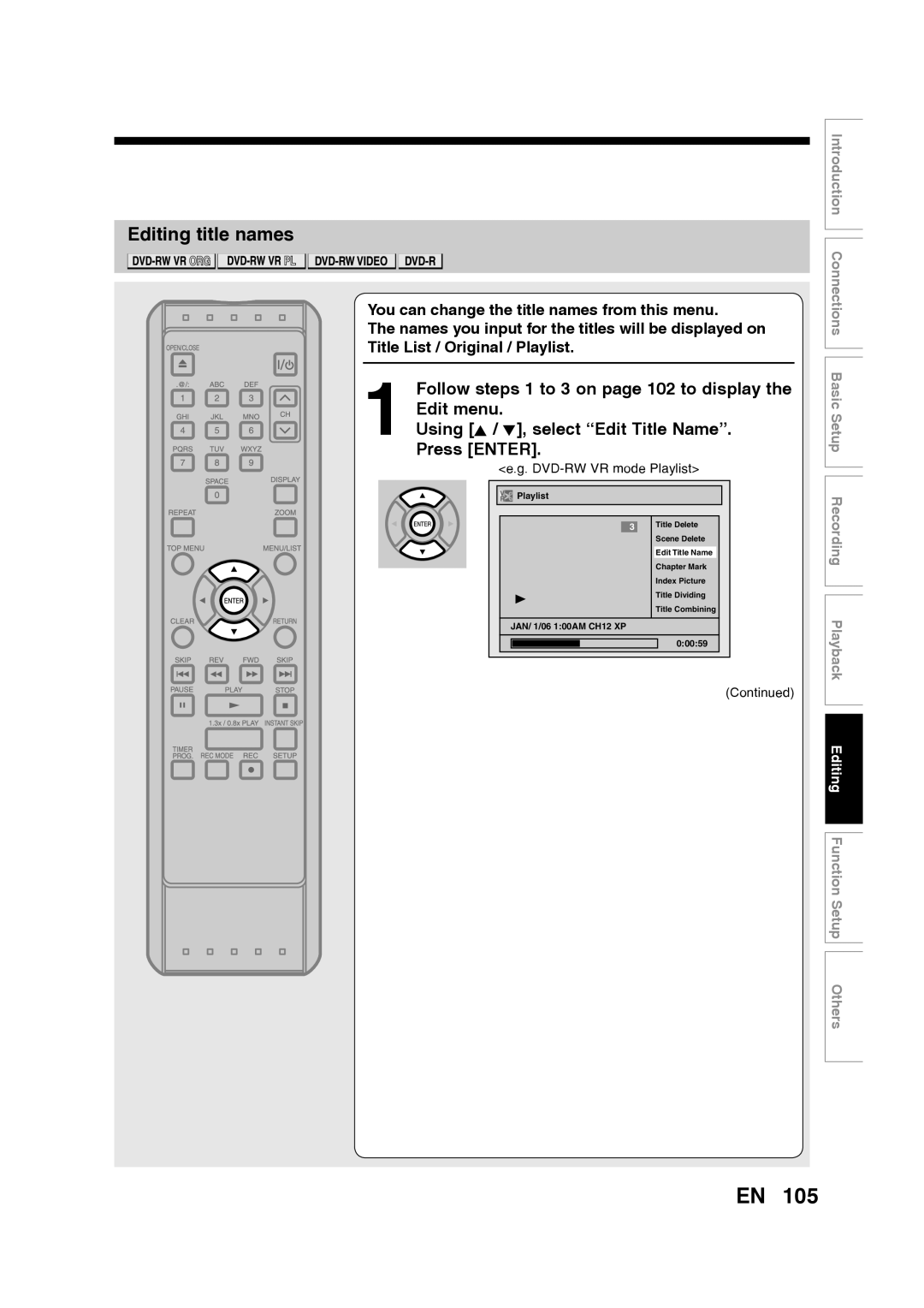 Toshiba D-RW2SU/D-RW2SC Editing title names, Follow steps 1 to 3 on page 102 to display the Edit menu, Playlist, 00059 