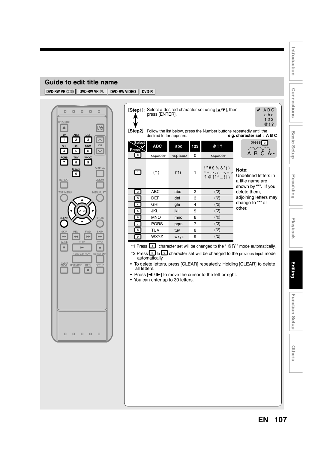 Toshiba D-RW2SU/D-RW2SC manual Guide to edit title name, A B C A, Recording Playback, Editing Function Setup Others 