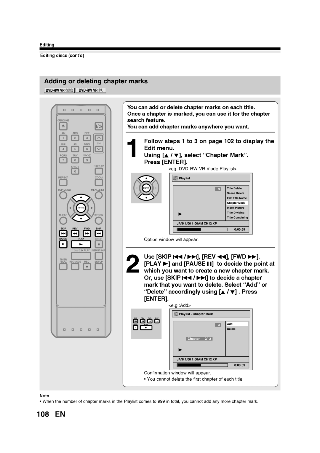Toshiba D-RW2SU/D-RW2SC manual 108 EN, Adding or deleting chapter marks, Using K / L, select “Chapter Mark” Press ENTER 