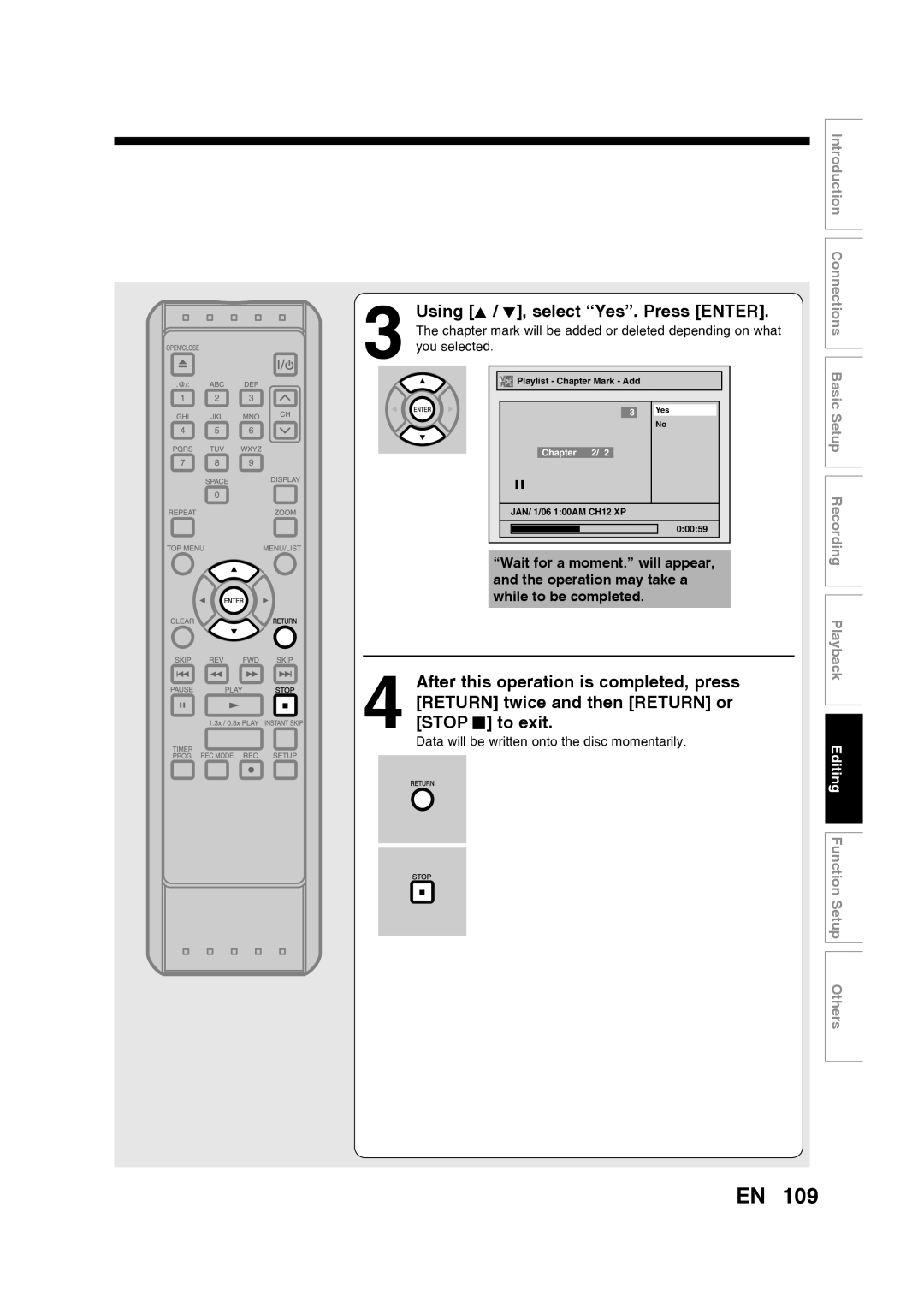 Toshiba D-RW2SU/D-RW2SC manual Using K / L, select “Yes”. Press ENTER, Editing Function Setup Others 