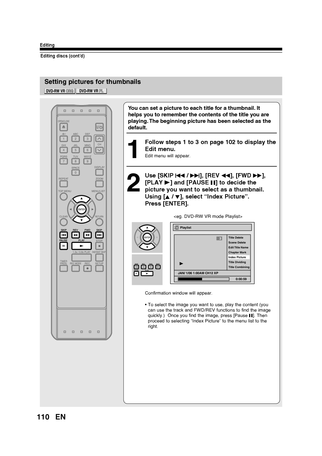 Toshiba D-RW2SU/D-RW2SC 110 EN, Setting pictures for thumbnails, Follow steps 1 to 3 on page 102 to display the Edit menu 