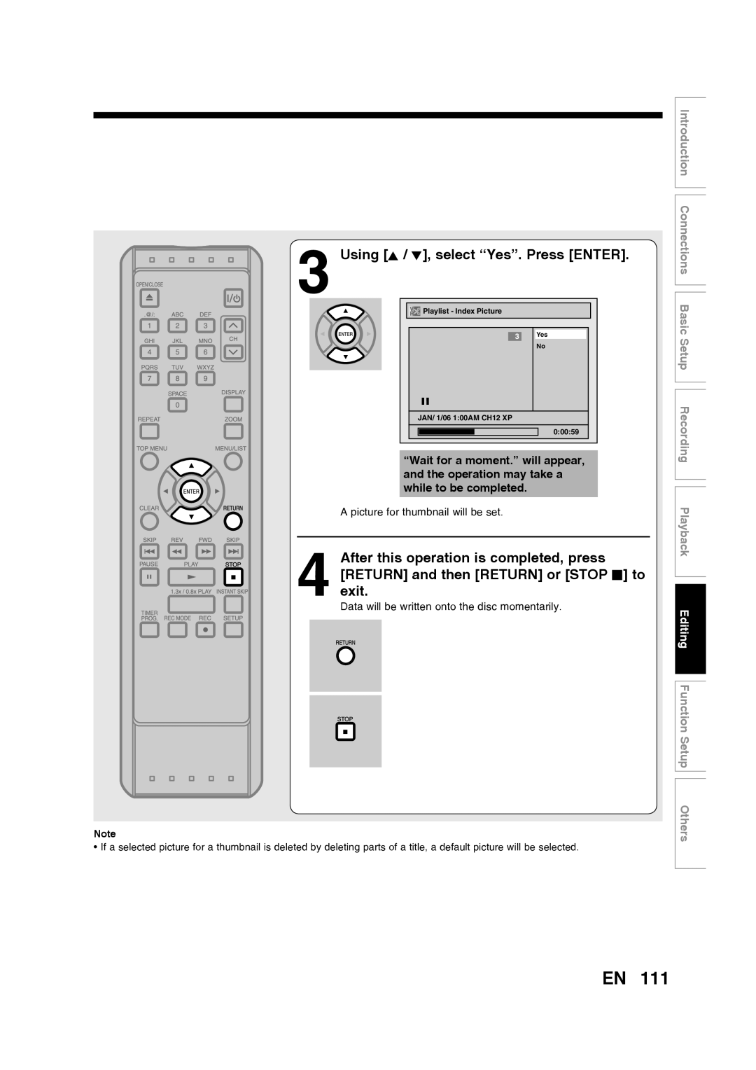 Toshiba D-RW2SU/D-RW2SC Using K / L, select “Yes”. Press ENTER, Editing Function Setup Others, Playlist - Index Picture 