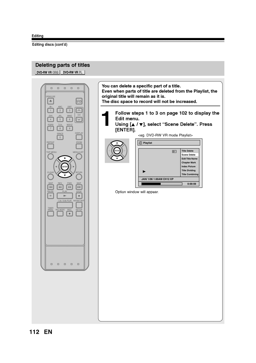 Toshiba D-RW2SU/D-RW2SC manual 112 EN, Deleting parts of titles, Using K / L, select “Scene Delete”. Press ENTER, Playlist 