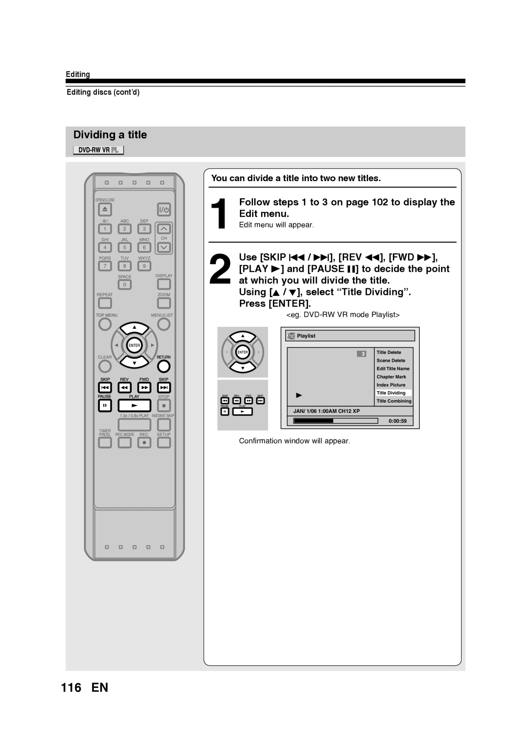 Toshiba D-RW2SU/D-RW2SC manual 116 EN, Dividing a title, Using K / L, select “Title Dividing” Press ENTER 