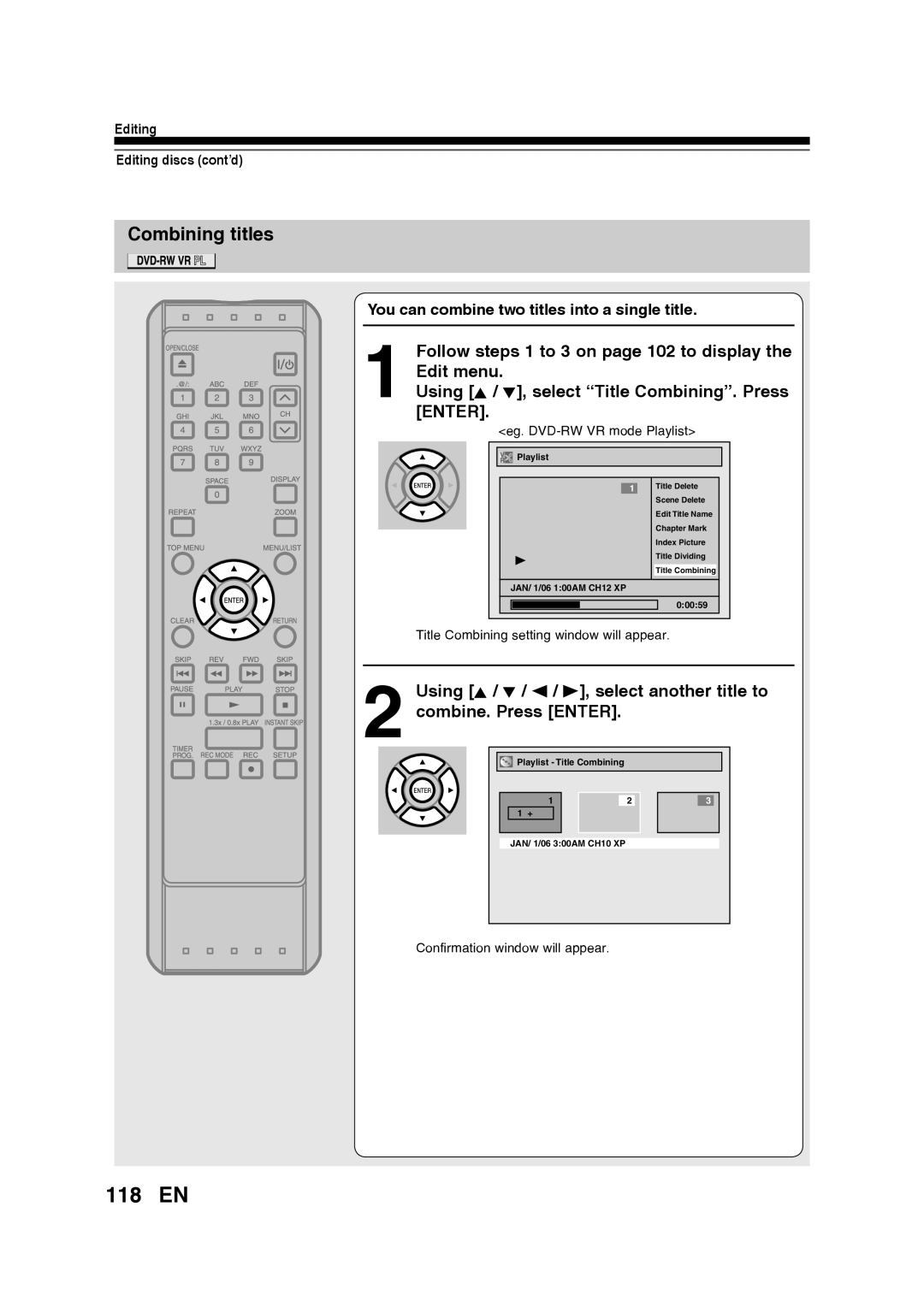 Toshiba D-RW2SU/D-RW2SC manual 118 EN, Combining titles, Using K / L, select “Title Combining”. Press ENTER, Playlist 