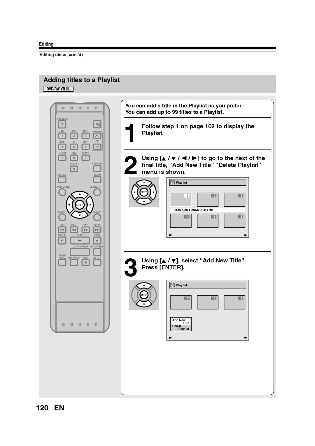 Toshiba D-RW2SU/D-RW2SC manual 120 EN, Adding titles to a Playlist, Follow on page 102 to display the Playlist 