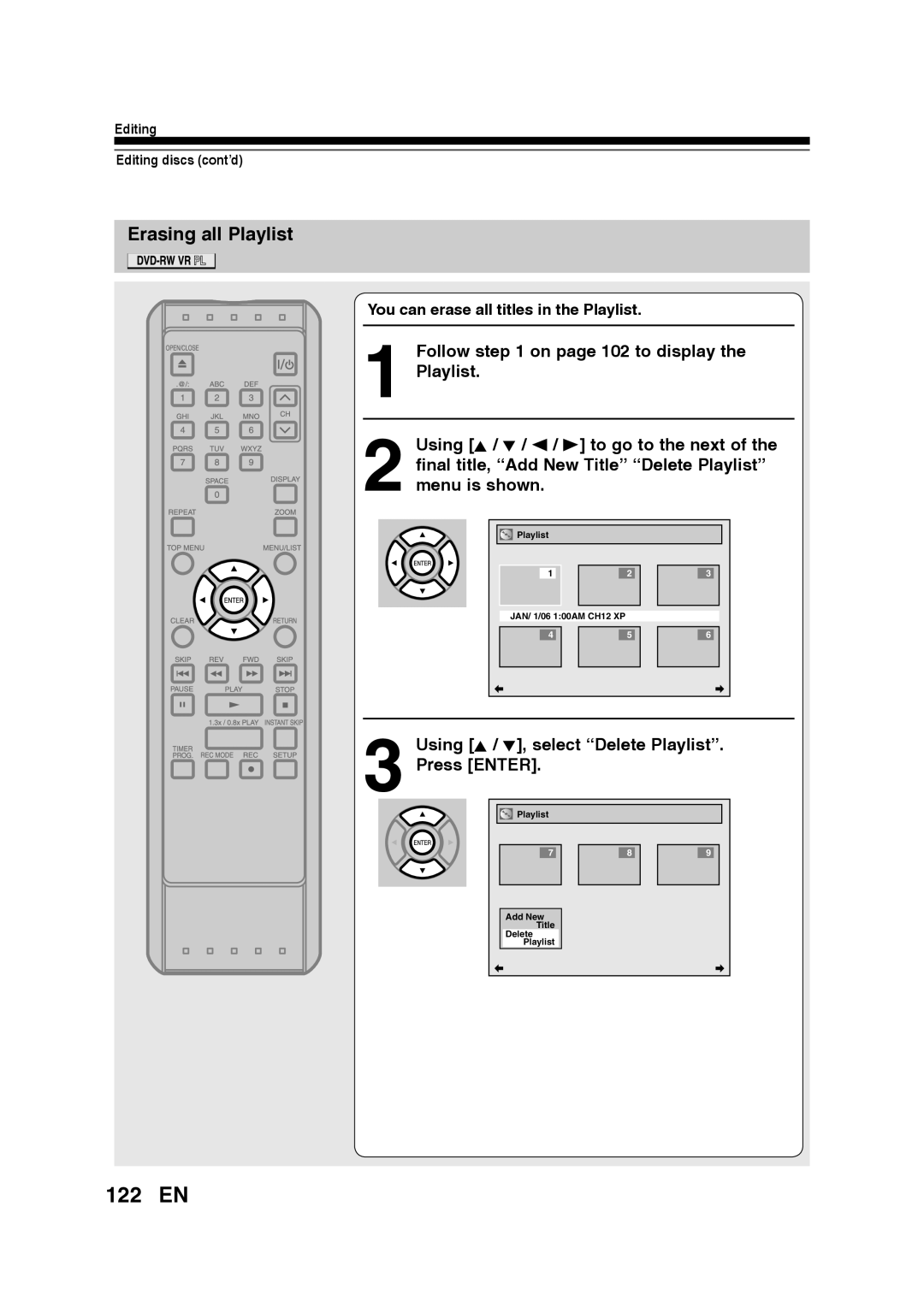 Toshiba D-RW2SU/D-RW2SC 122 EN, Erasing all Playlist, Using K / L, select “Delete Playlist” Press ENTER, Add New, Title 