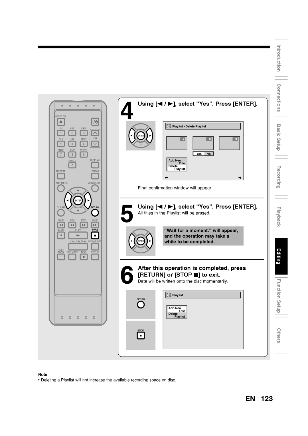 Toshiba D-RW2SU/D-RW2SC manual Using s / B, select “Yes”. Press ENTER, Editing Function Setup Others 