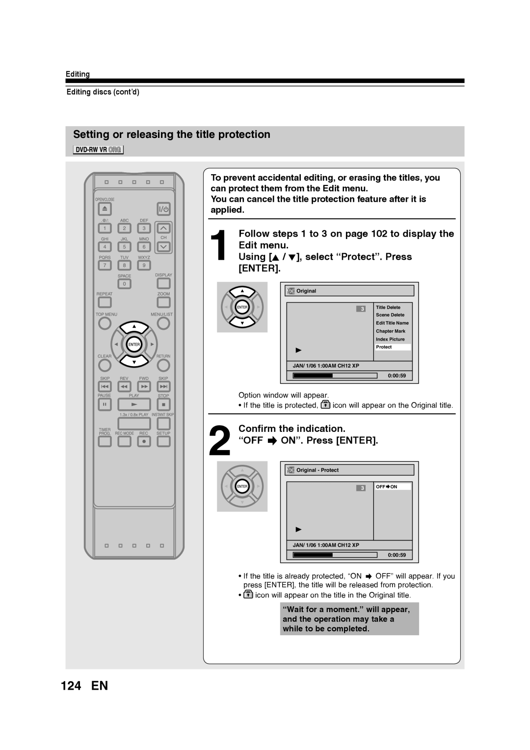 Toshiba D-RW2SU/D-RW2SC 124 EN, Setting or releasing the title protection, Using K / L, select “Protect”. Press ENTER 