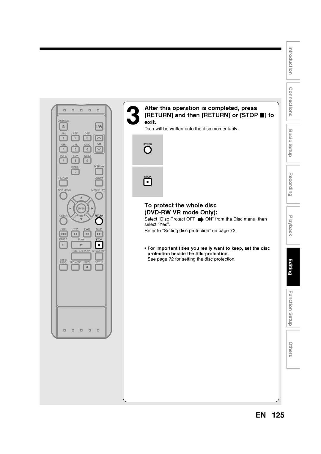 Toshiba D-RW2SU/D-RW2SC manual To protect the whole disc DVD-RW VR mode Only, Editing Function Setup Others 