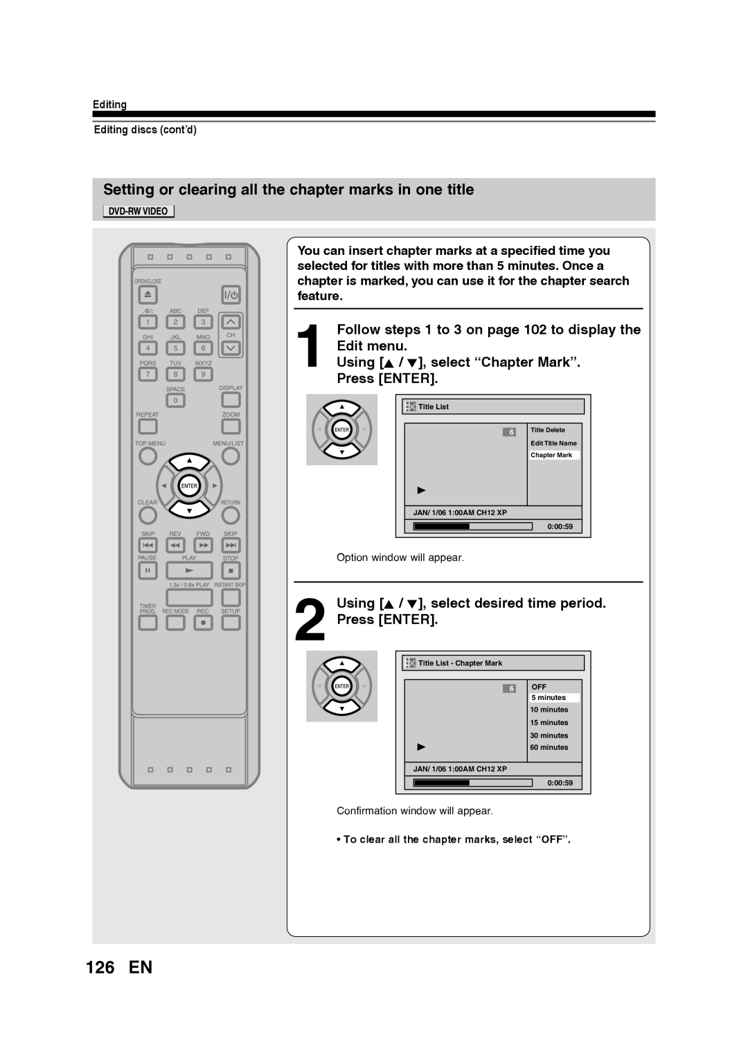Toshiba D-RW2SU/D-RW2SC manual 126 EN, Setting or clearing all the chapter marks in one title, Editing Editing discs cont’d 