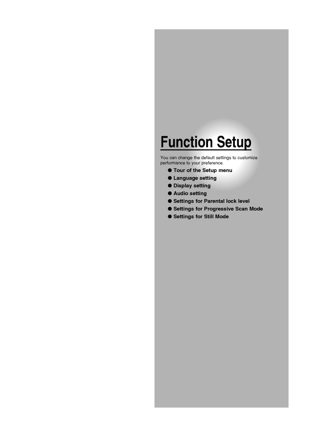 Toshiba D-RW2SU/D-RW2SC manual Function Setup, Tour of the Setup menu Language setting Display setting Audio setting 
