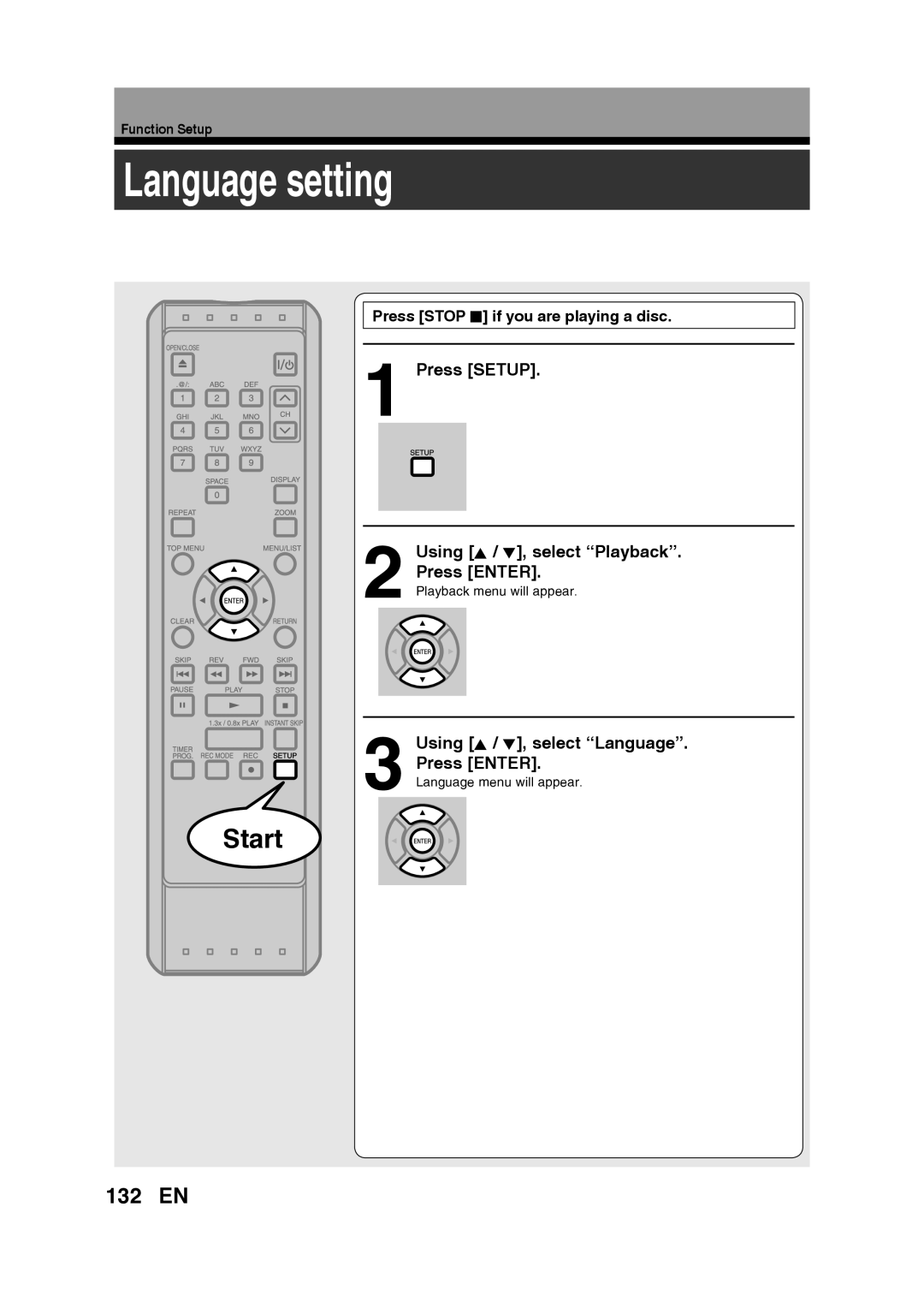 Toshiba D-RW2SU/D-RW2SC manual Language setting, 132 EN, Press SETUP 2 Using K / L, select “Playback” Press ENTER, Start 