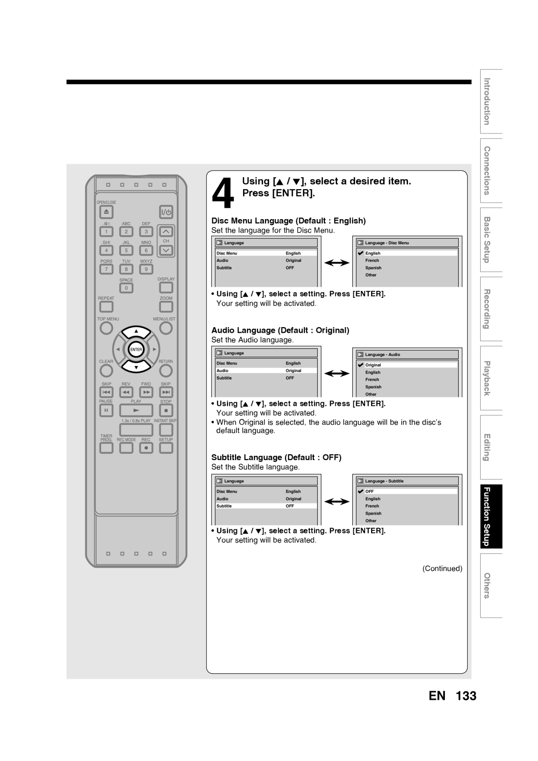 Toshiba D-RW2SU/D-RW2SC manual Using K / L, select a desired item Press ENTER, Disc Menu Language Default English 